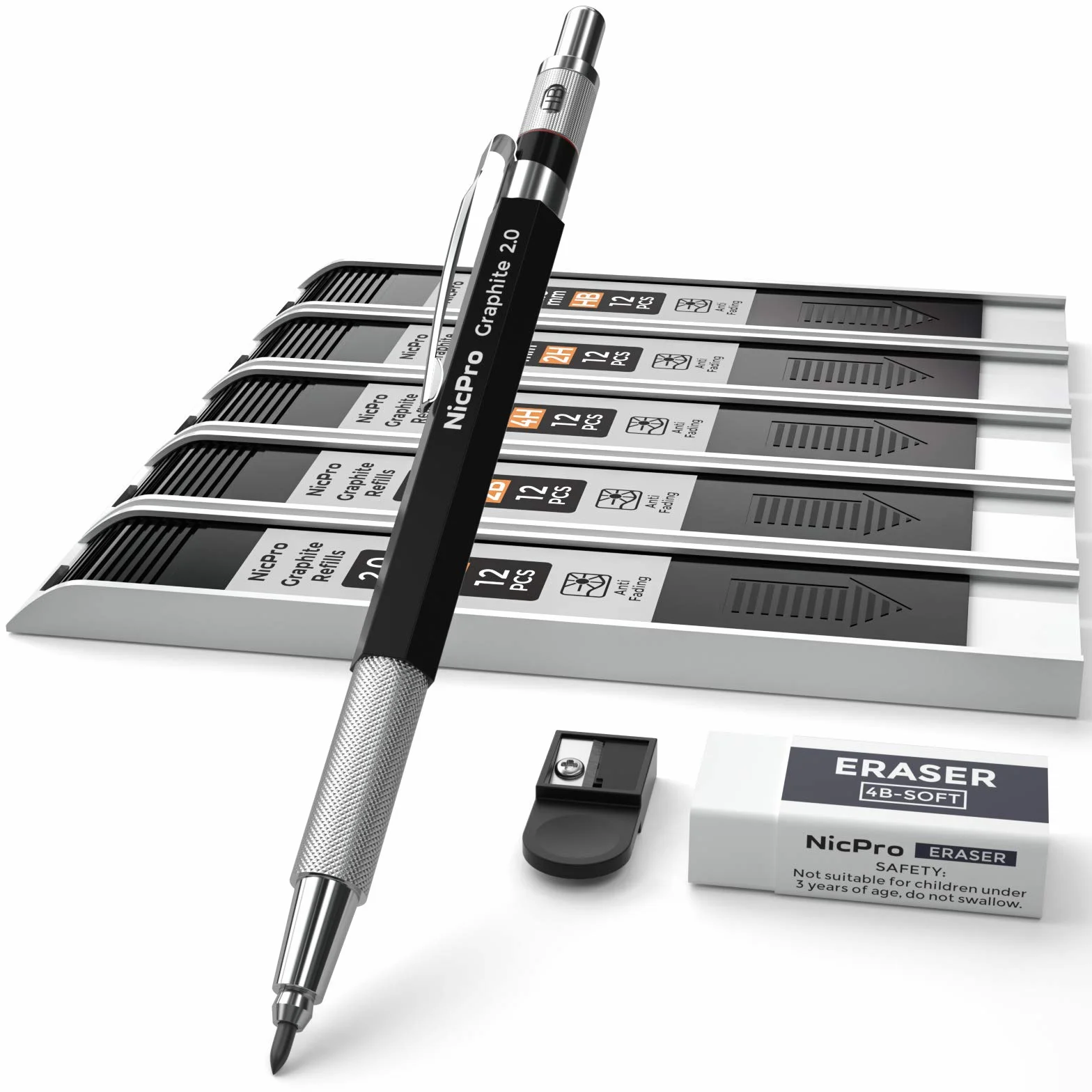 Nicpro 1 Pezzo Matita Meccanica 2mm Portamine Falegname Set con 5 Mine Grafite HB 2H 4H 2B 4B Nero