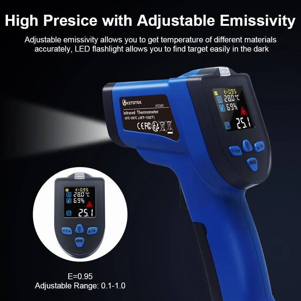 KETOTEK Digitale Termometro a Infrarossi Pistola Laser Doppio Senza Contatto -50~550℃ con K Termocoppia Umidità NCV Rilevamento Tensione CA