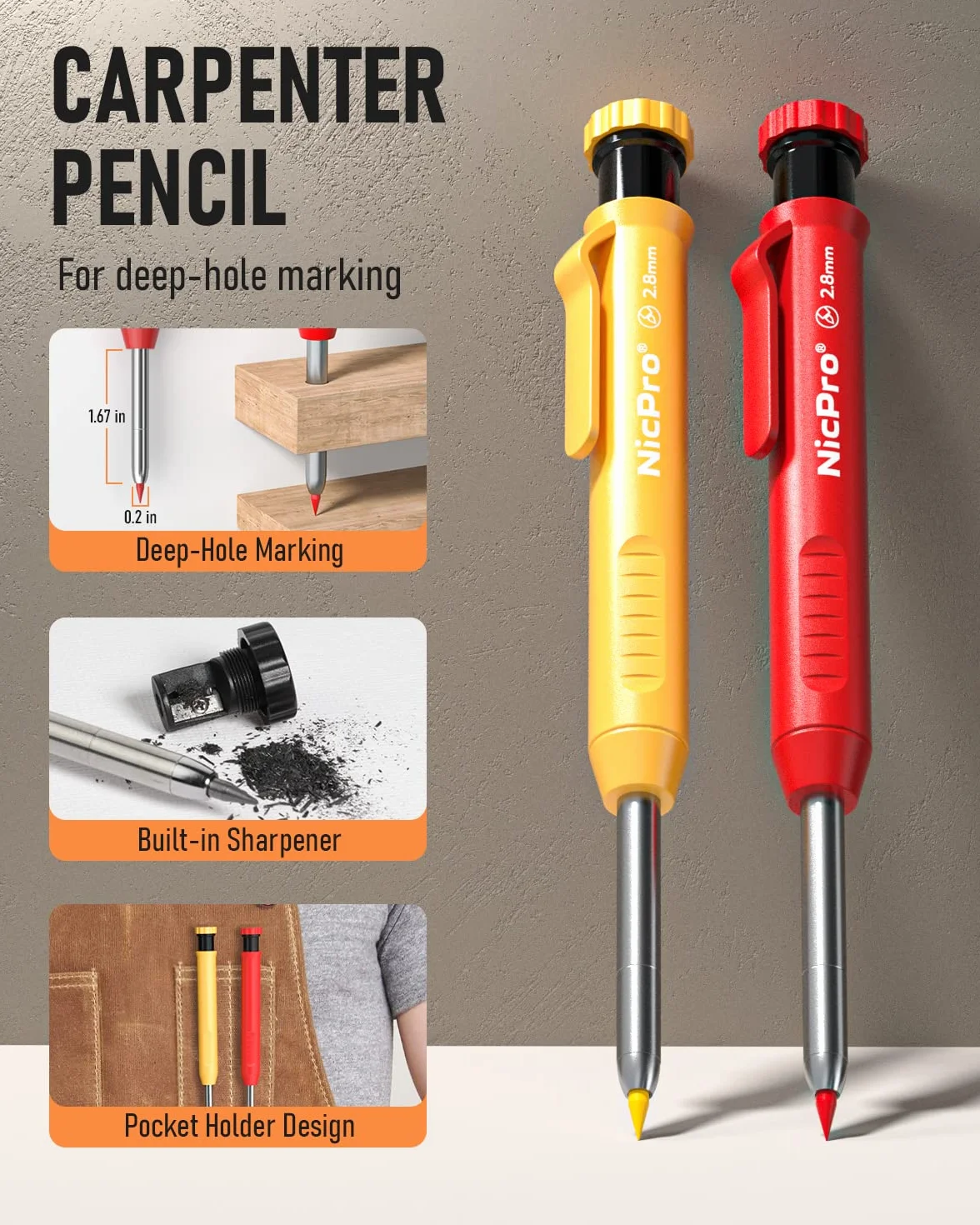 Nicpro Set di matite meccaniche da carpentiere 76 ricariche 5 pezzi colorati lavorazione legno fori profondi temperamatite gomme
