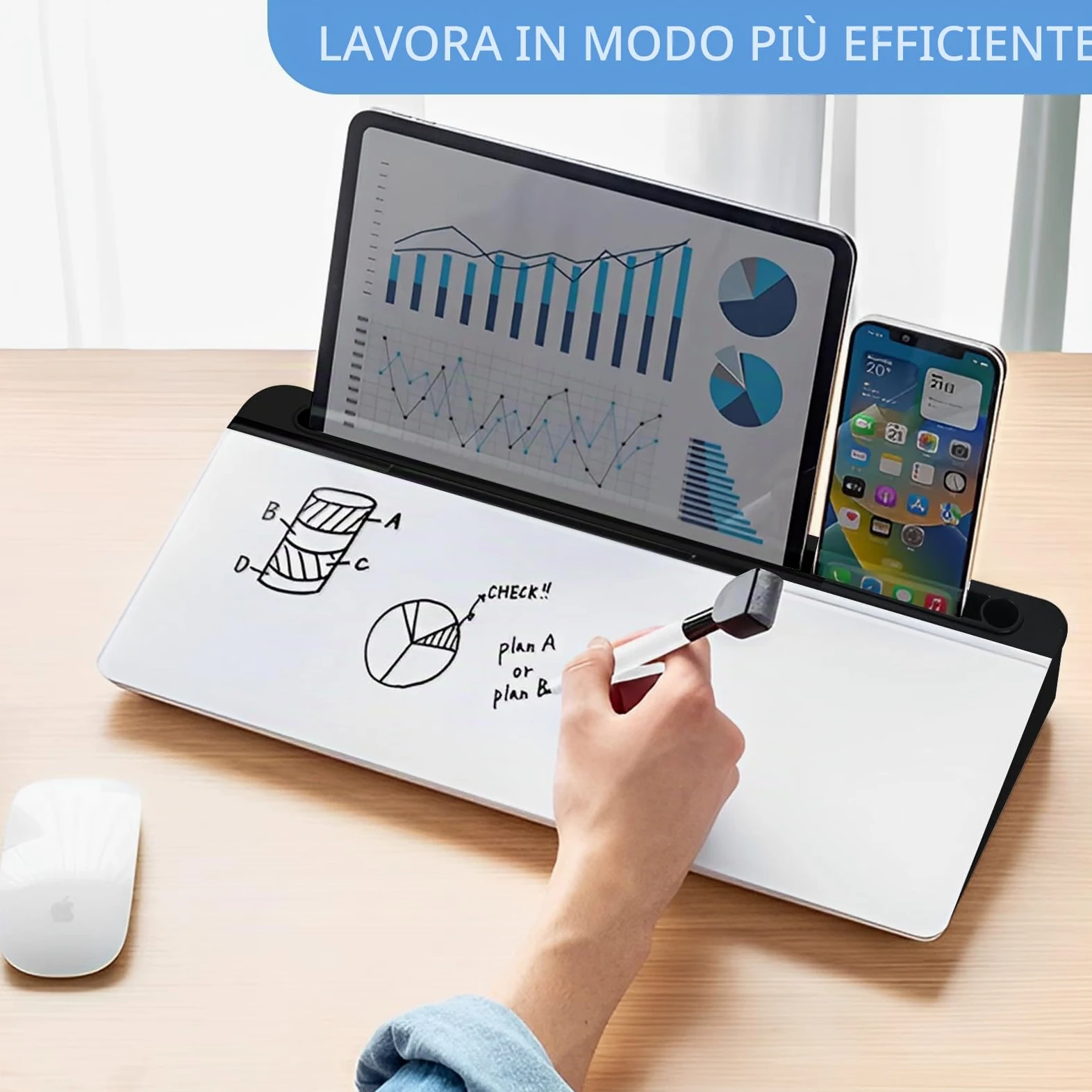 Hivexagon Lavagna bianca da scrivania con 4 scomparti, scomparto per telefono/tablet, lavagna magnetica e accessori