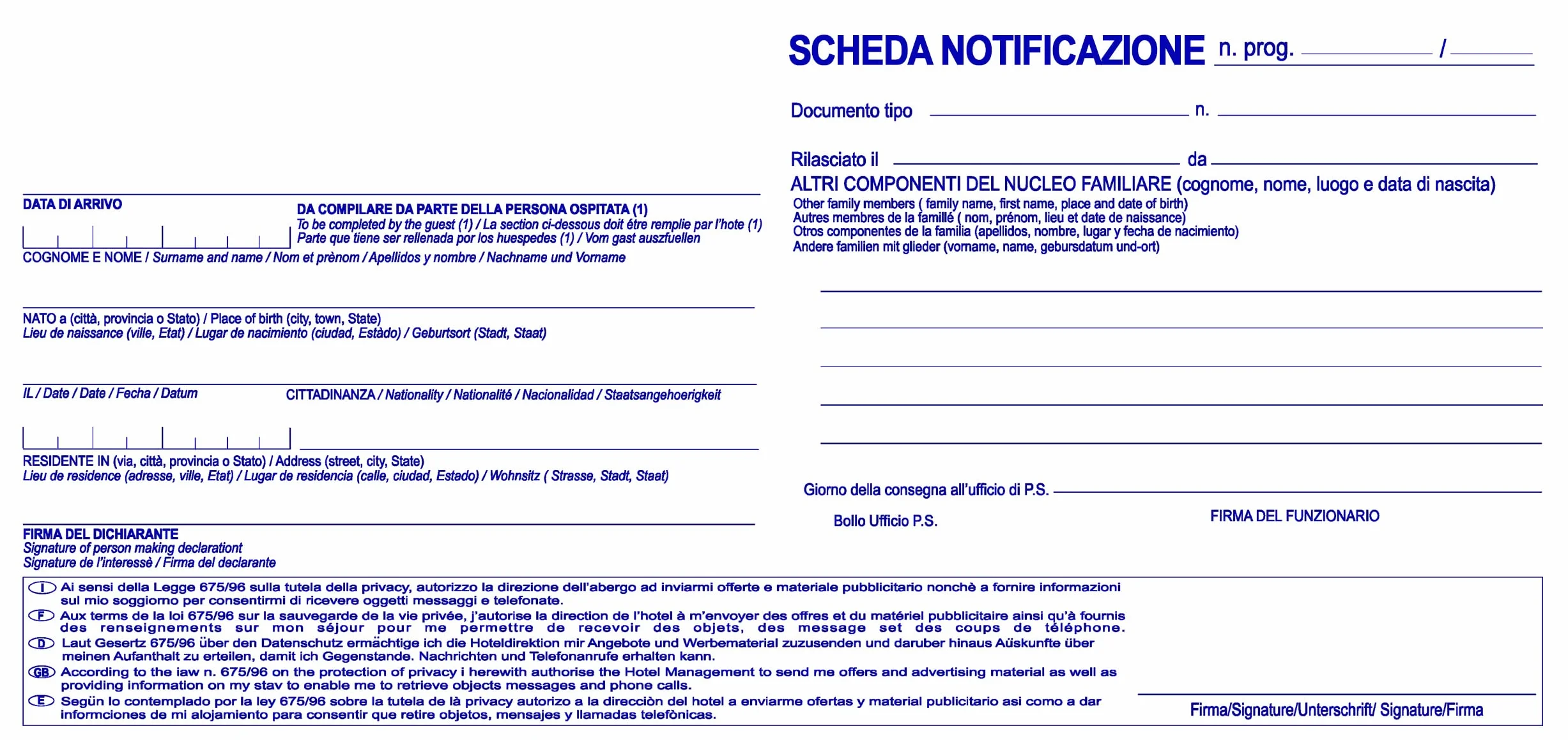 Schede Notifica Hotel, Alberghi, Campeggi, in singoli fogli a Blocchetti (100)