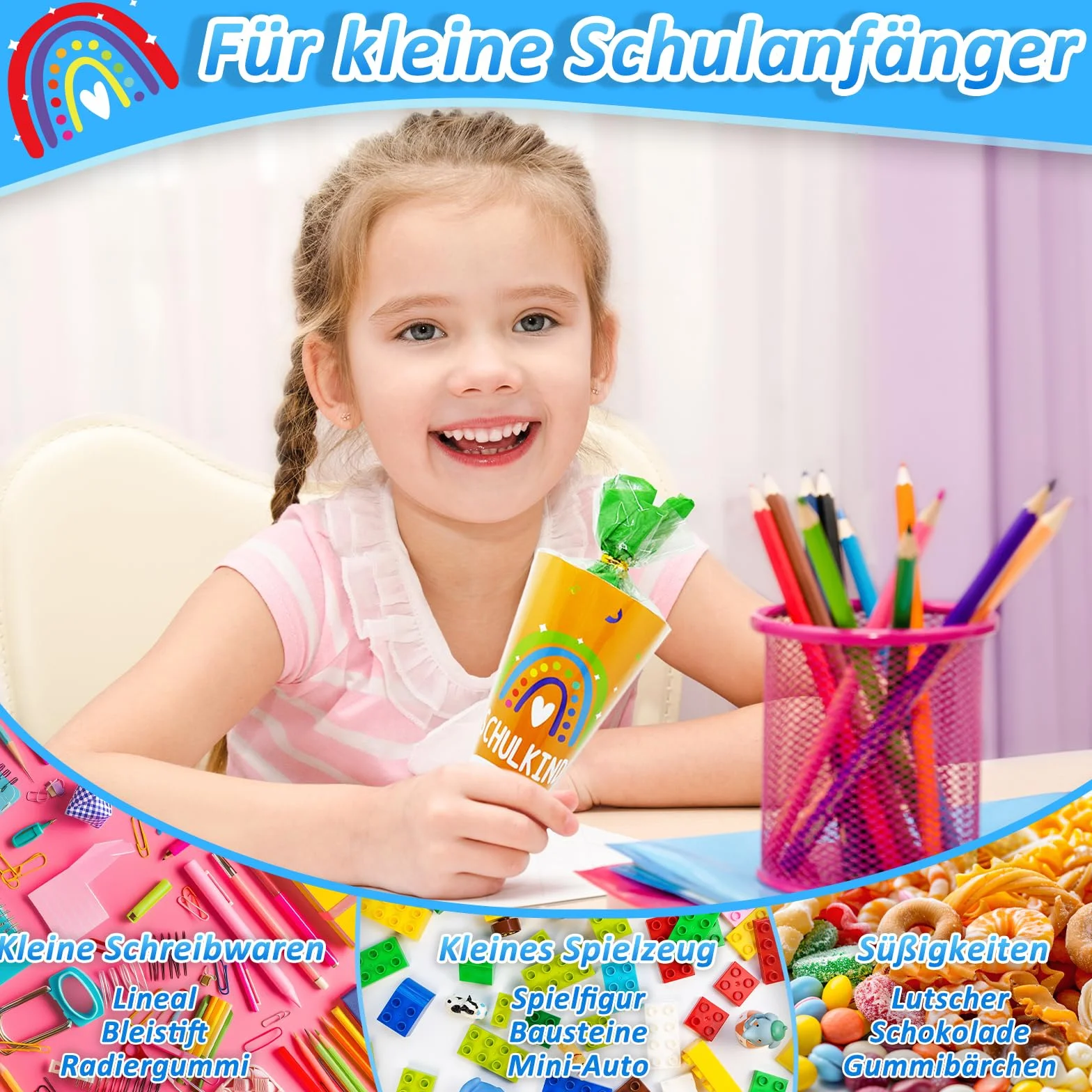 Sacchetti per la scuola 28 cm, mini sacchetti da riempire, zucchero colorato