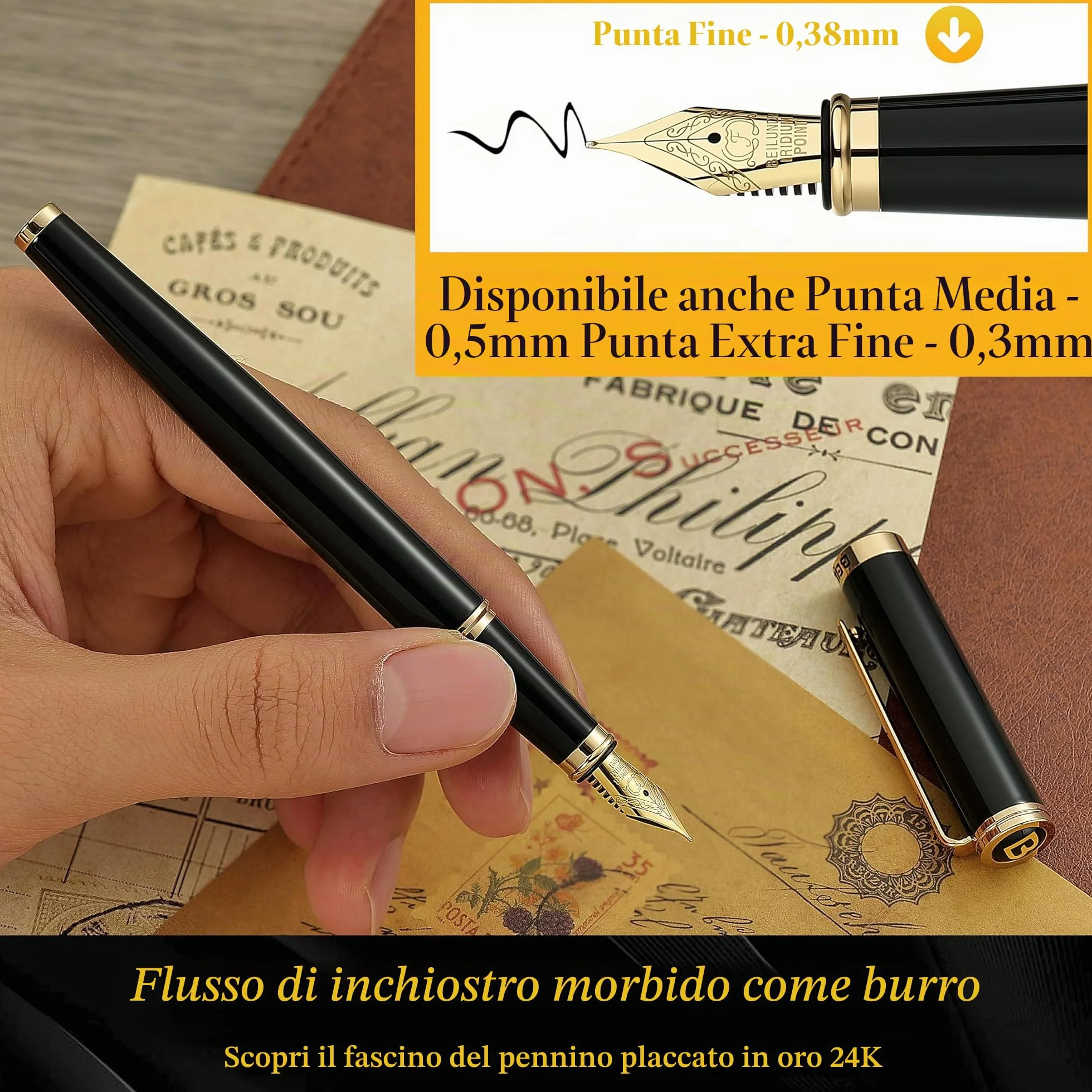 BEILUNER Penna Stilografica di Lusso, Finitura Laccata con Fregi e Pennino Dorati 24K, Regalo Affidabile con Convertitore per Lui e Lei, Penna Elegante - Nero & Oro, Pennino Fine
