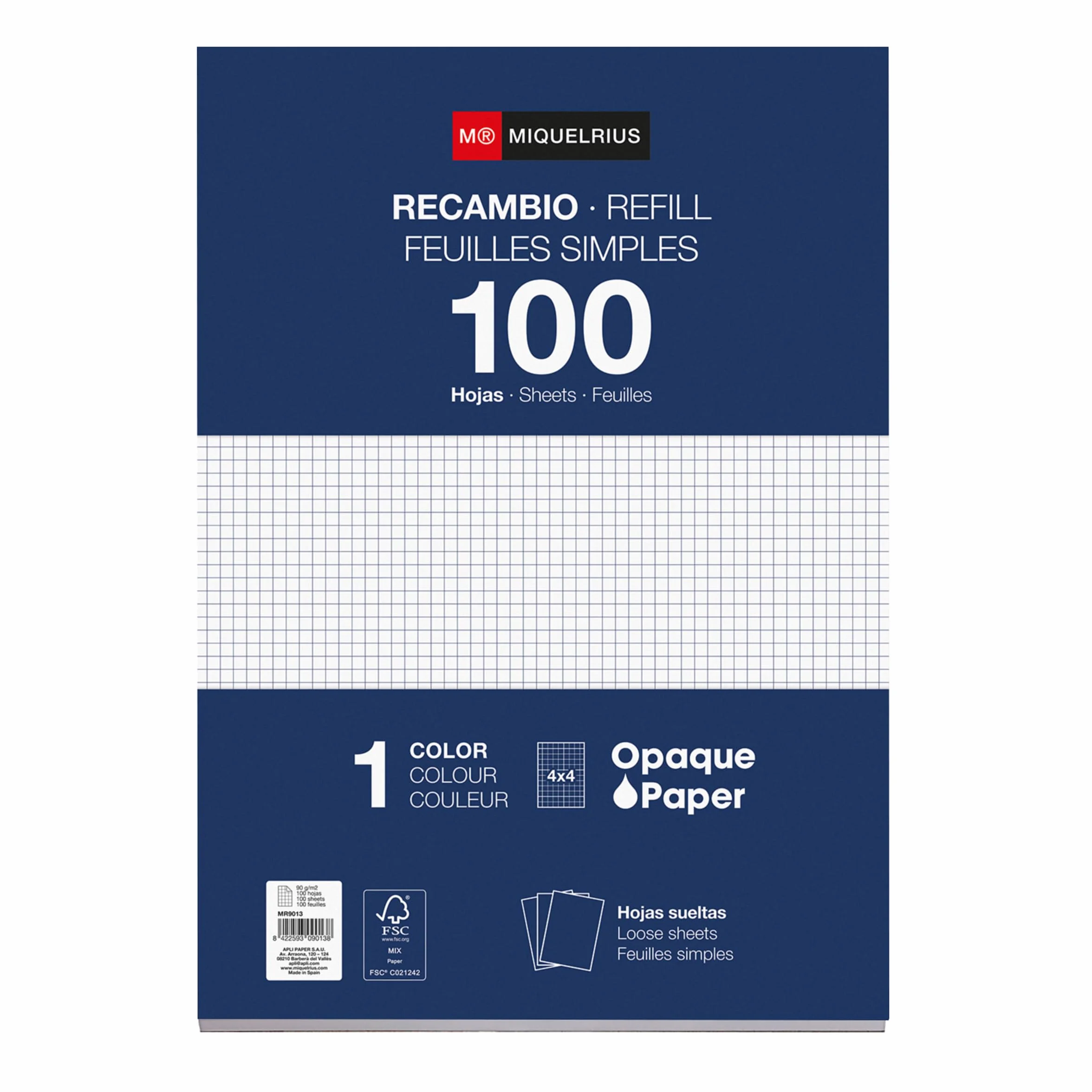 Miquelrius Ricarica A4 100 fogli carta 90 g/m² griglia 4 mm senza perforazione senza margini