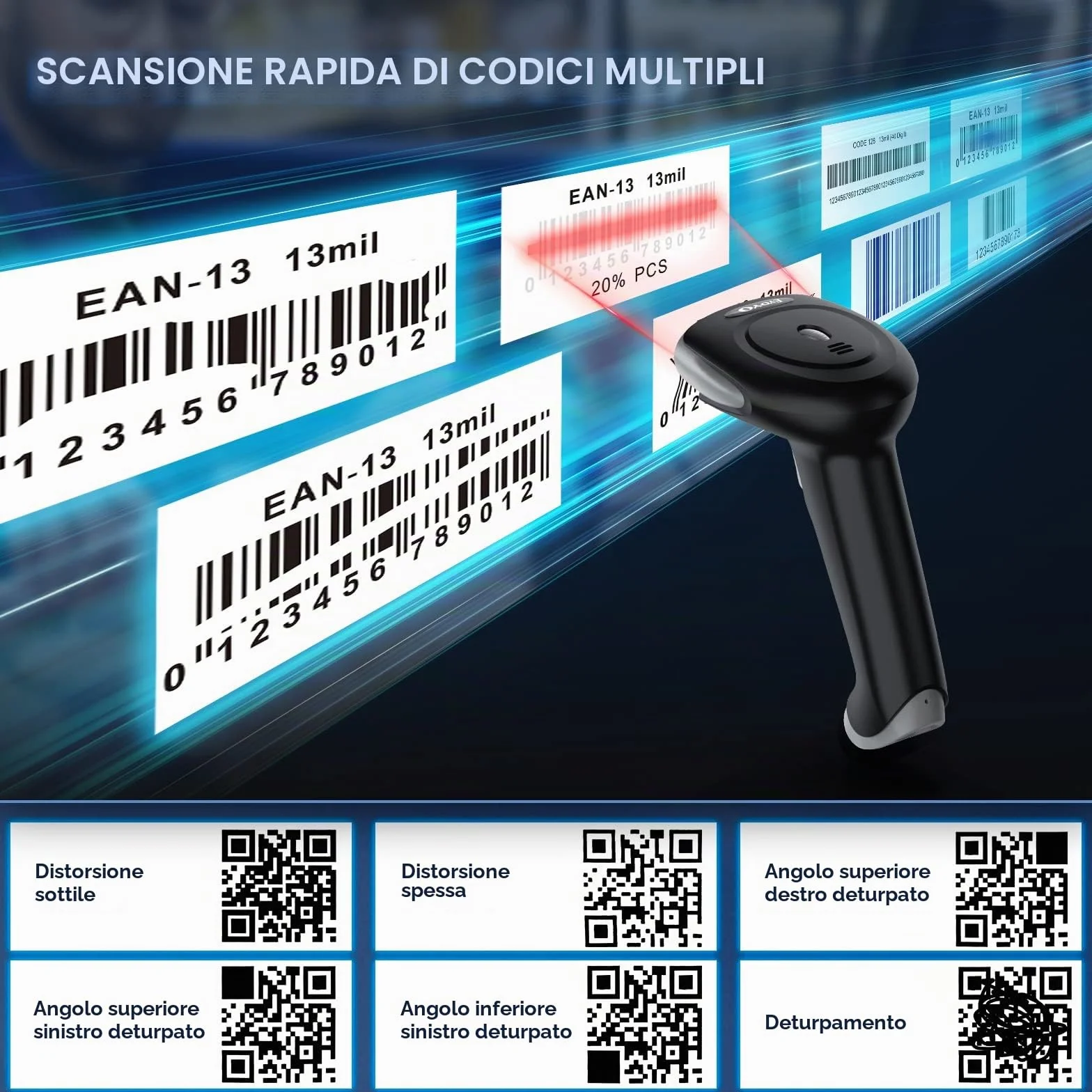 Eyoyo lettore di codici a barre wireless, 2D Bluetooth Barcode Scanner, 2.4G wireless, Bluetooth, USB cablato connessioni 3 in 1 lettore qr code reader, Batteria da 2500 mAh per Phone Tablet Laptop PC