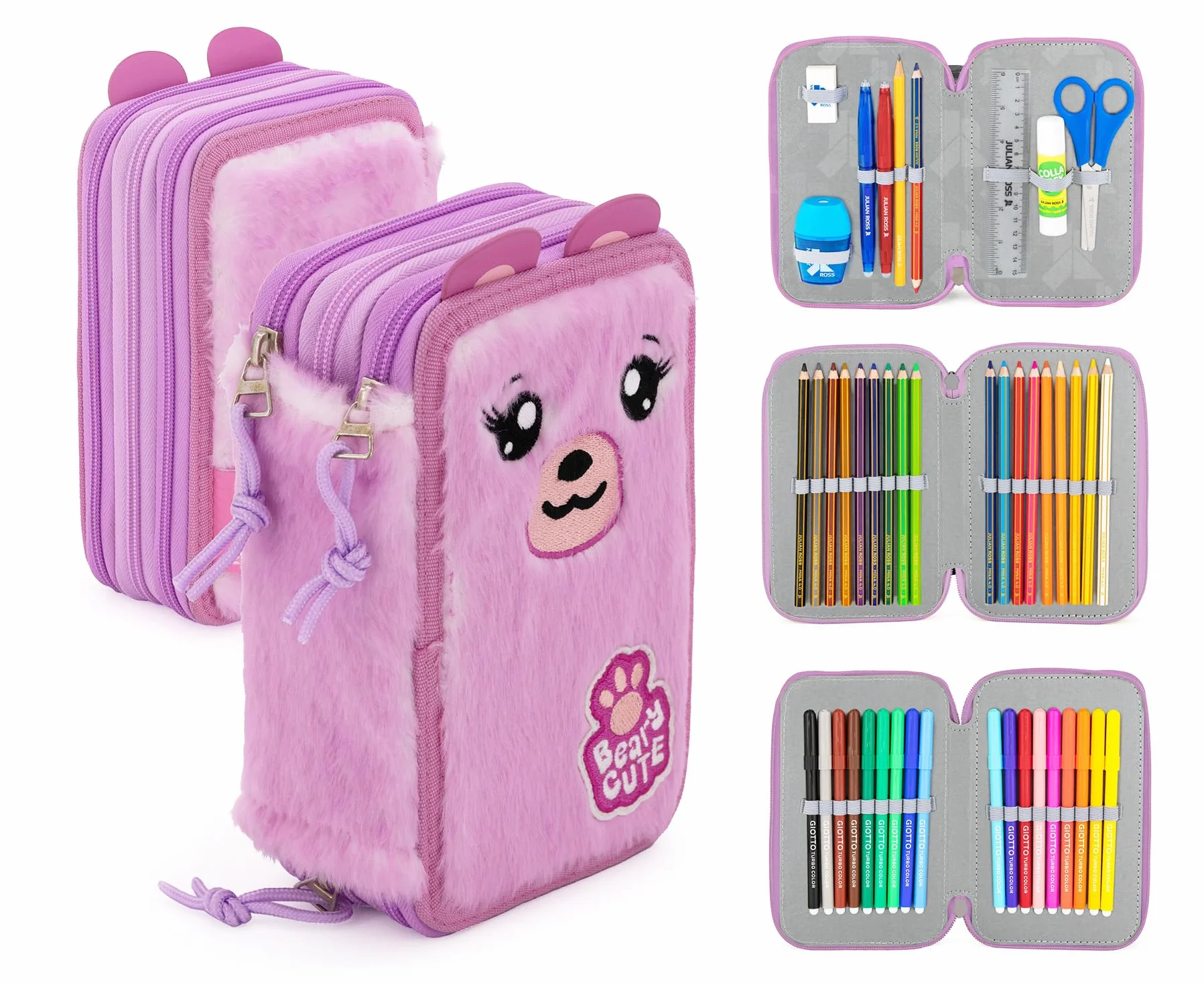 Julian Ross Astuccio 3 Scomparti Fluffy 45 Pezzi, Penne Gel Cancellabili, Colla, Forbici, Pastelli 4.0, 3 Zip, Bambina, Scuola, Orsetto Rosa