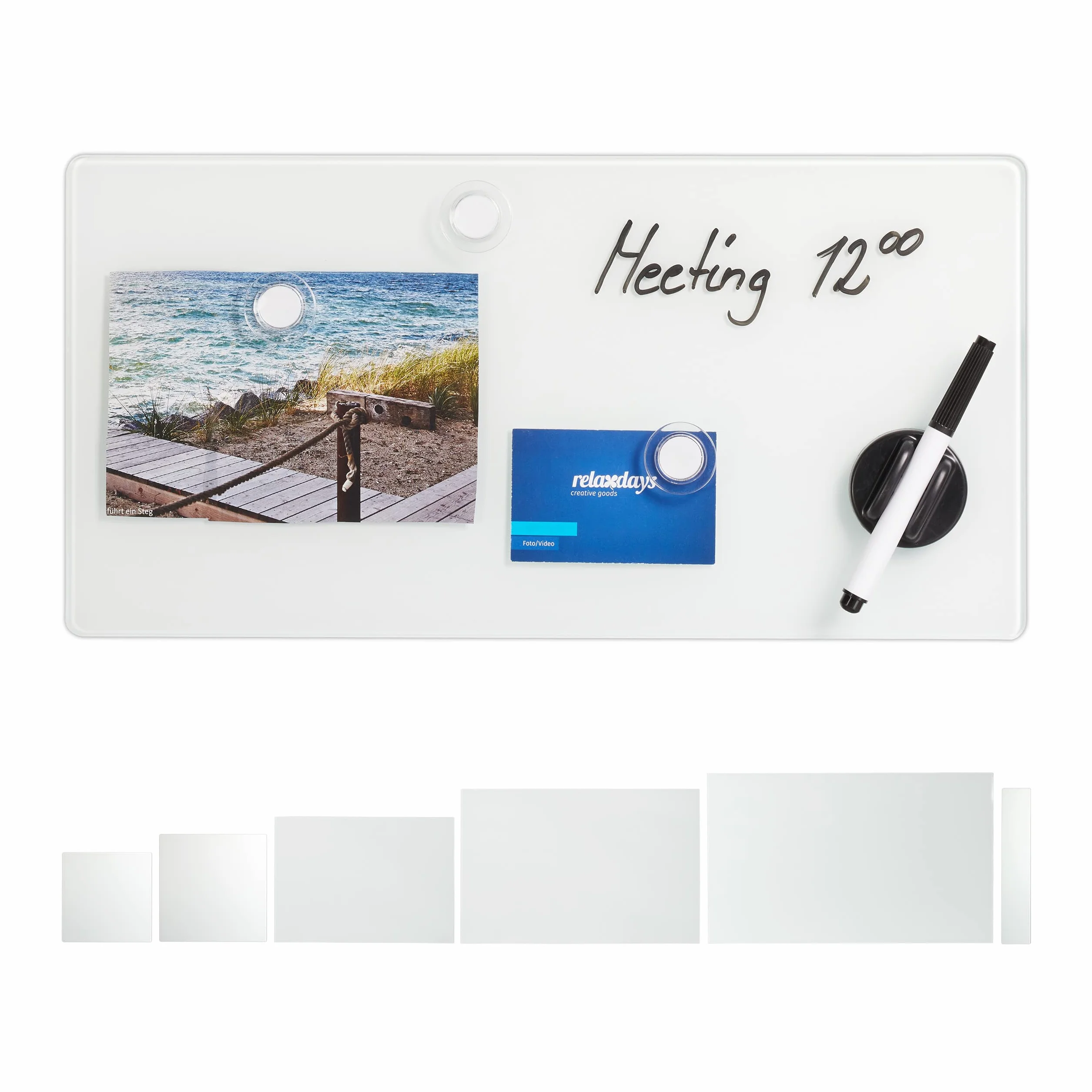 Relaxdays Lavagna Magnetica in Vetro, Scrivibile, Bacheca da Parete, 3 Calamite, Pennarello, 20 x 40 cm, Bianca