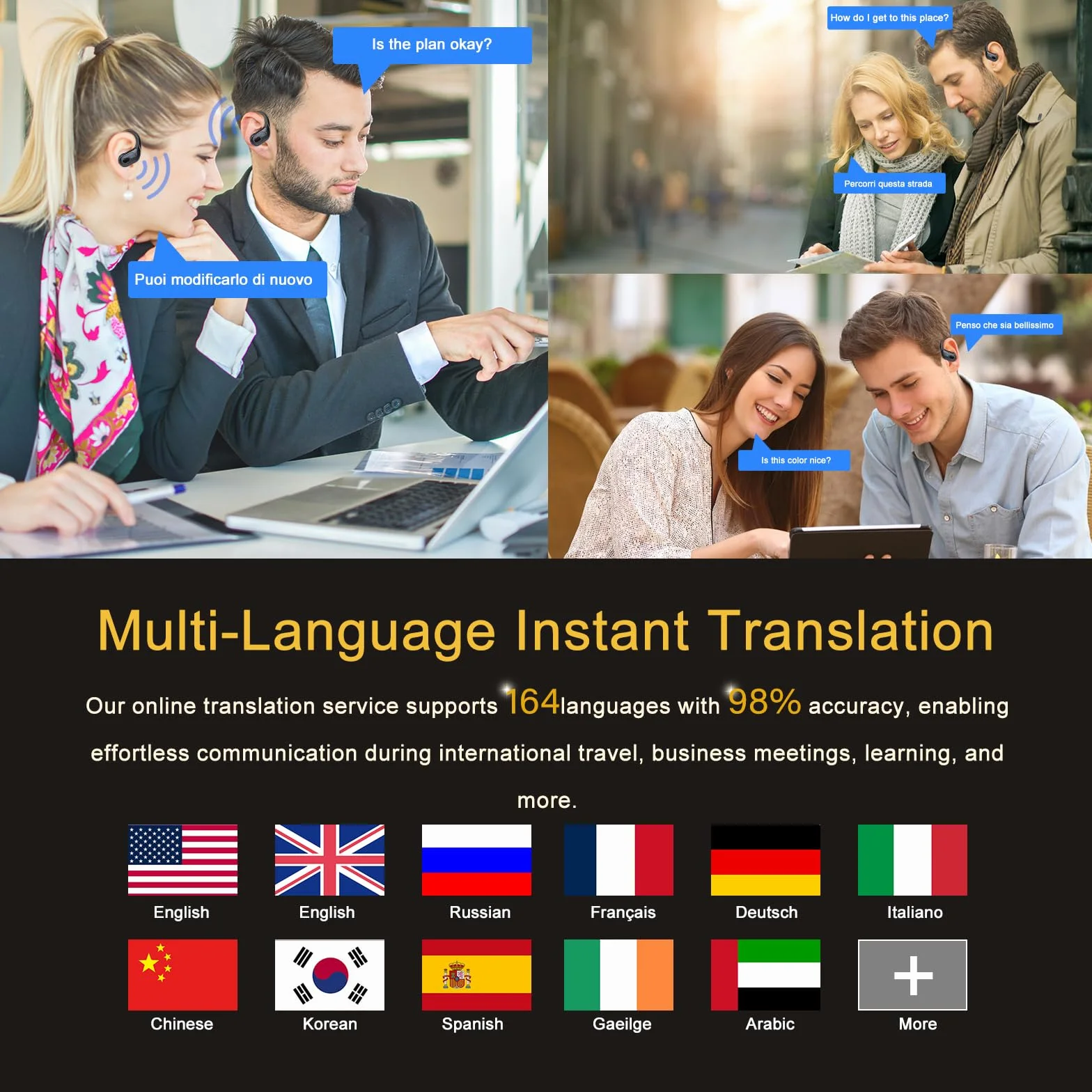 AI Cuffie Traduzione, 3 in 1 Bluetooth 5.4 Auricolari Traduzione con 164 Lingue/6 Modalità di Traduzion, 75 Ore Cuffie Traduttori Istantanei con APP, Auricolare bluetooth per Viaggi/Affari, Nero