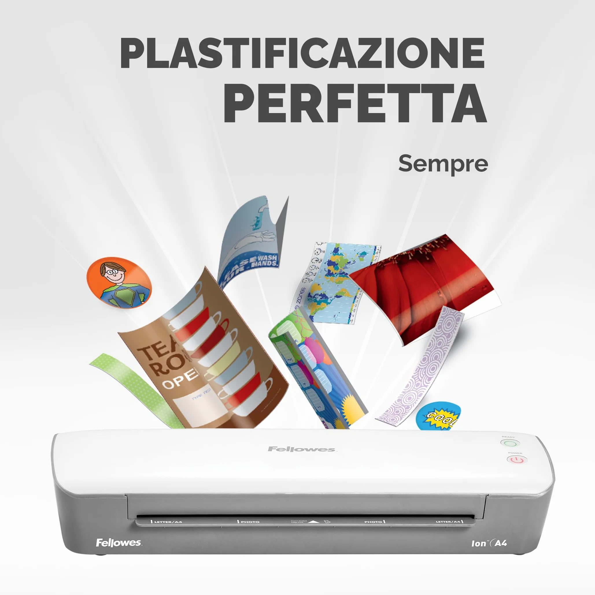 Fellowes plastificatrice Ion A4, formato A4, fino a 125 micron, per casa e ufficio, plastificatrice con leva di sblocco e modalità riposo, riscaldamento in 4 minuti, incluso starter pack di 10 pouches