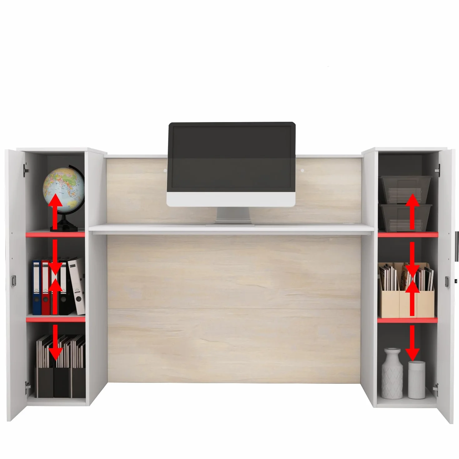 Banco di reception, grandi banchi con ripiani regolabili, bancone della reception, mobili da ufficio, colore legno e bianco, 180 x 60 x 110 cm, MDF, moderno ed elegante
