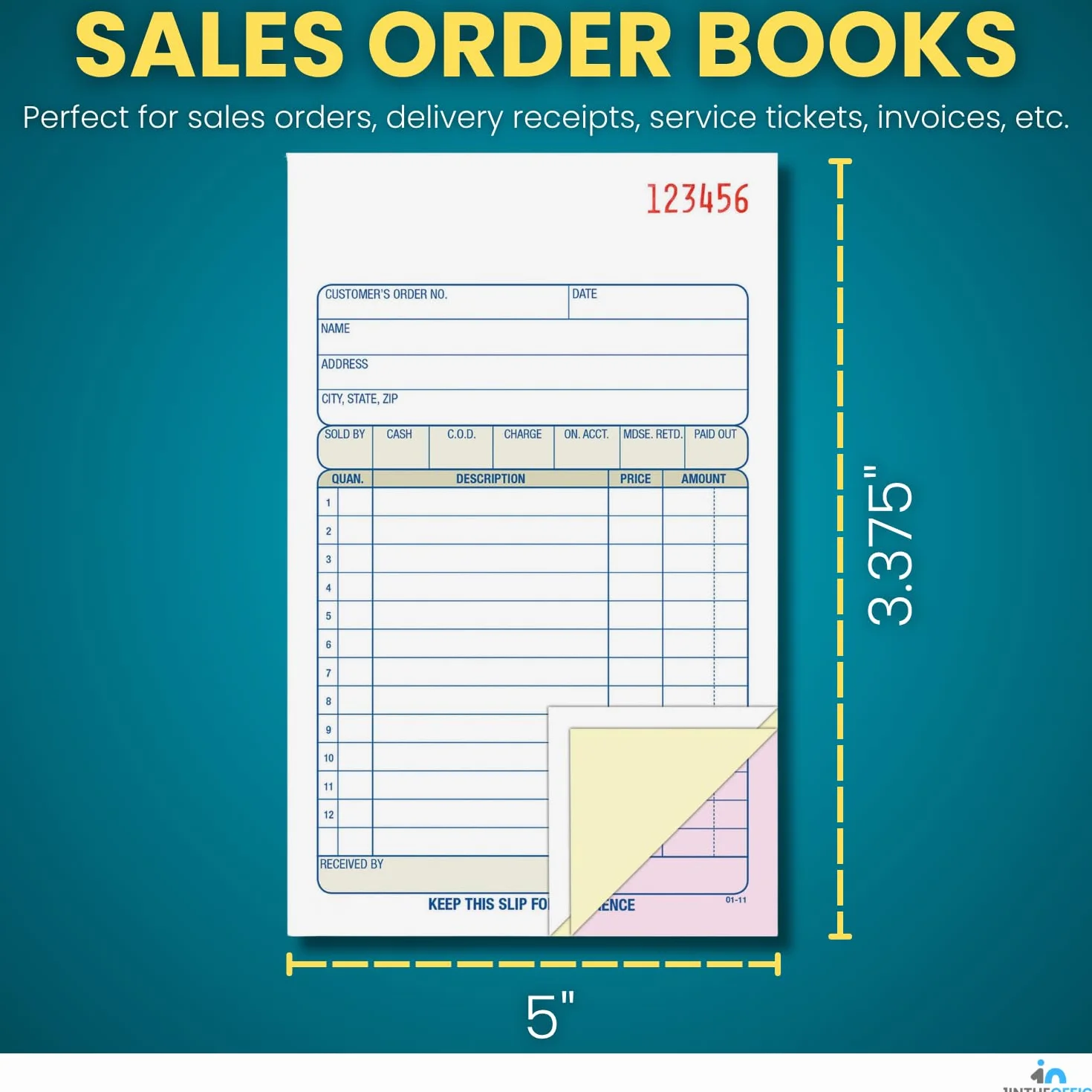 1InTheOffice Libro ordini di vendita, 3 pezzi, blu e bianco, 50 fogli, confezione da 5