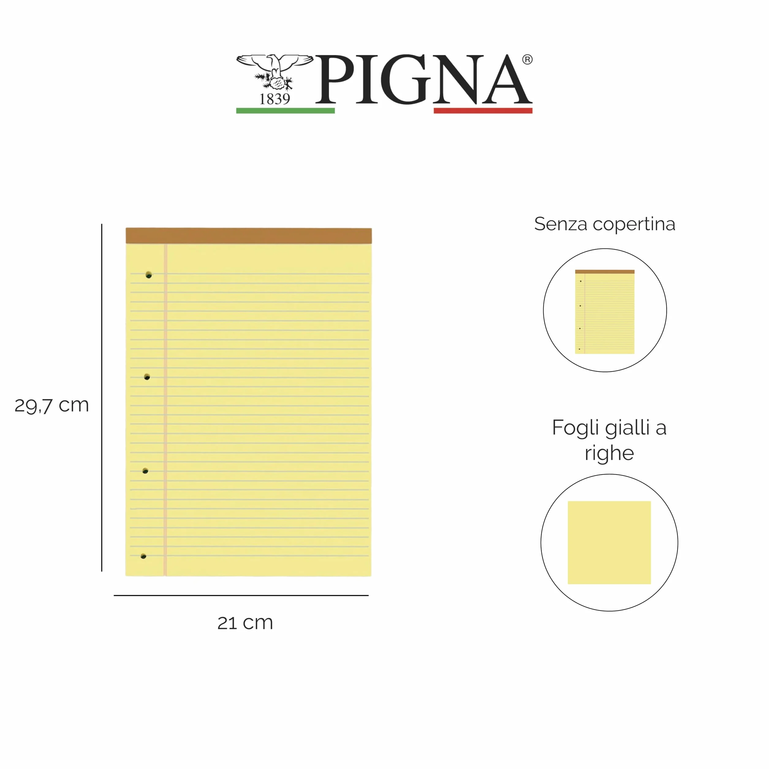 Pigna, Blocco LEGAL punto metallico, f.to A4, carta colarata Gialla con fori e microperforazione, ff. 50, gr. 80, confezione 10 pezzi