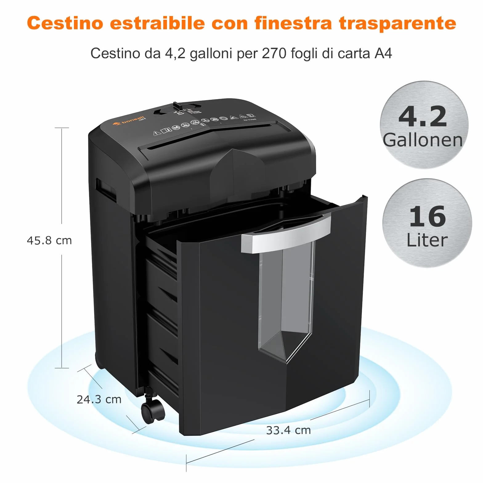 Bonsaii distruggidocumenti professionale 12 Fogli, Taglio a Micro Frammenti con Funzione Distruggi Carte di Credito/CD, per Casa e Ufficio, con ruote e Cestino da 16 litri (C266-B)