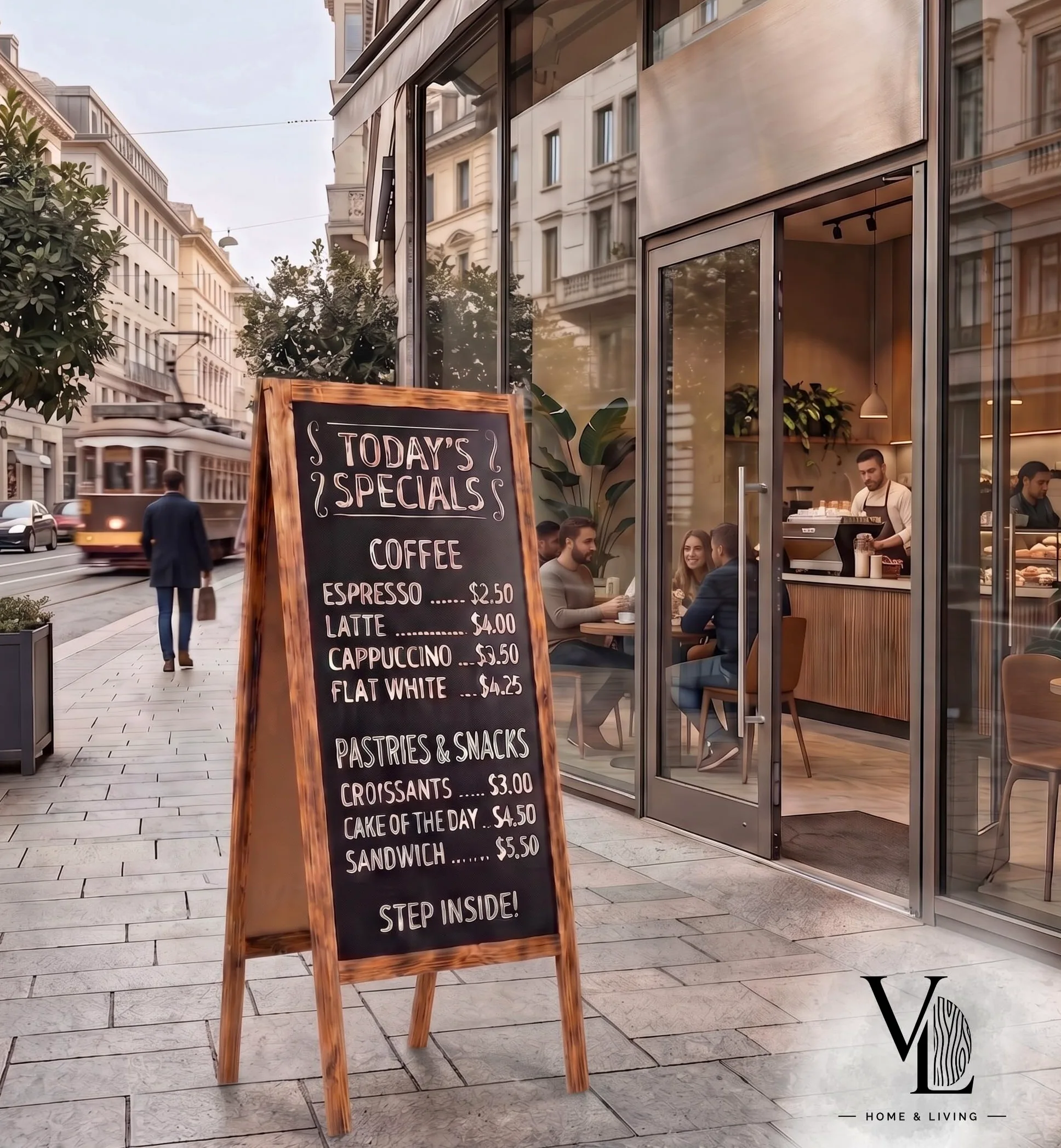 VELORA H&L Lavagna da Esterno 70 x 160 cm Legno Bruciato – Lavagna Bifacciale in Legno con Cavalletto per Ristorante Bar e Negozio, Lavagna Menu Pieghevole, Cavalletto Pubblicitario