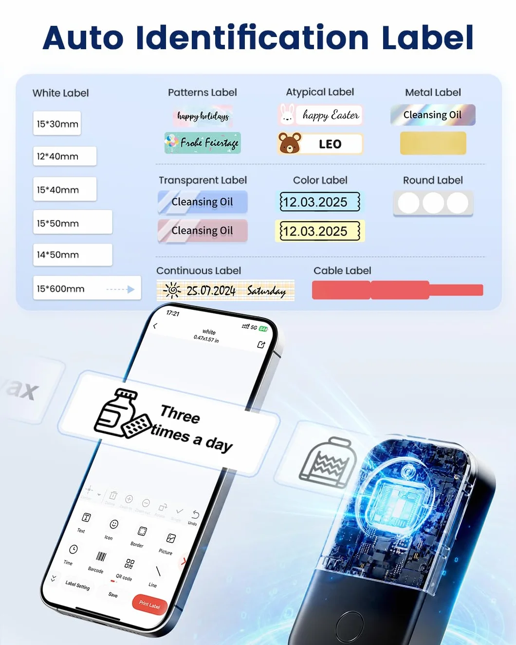 Phomemo D30D Etichettatrice Kit 8 Rotoli Etichette 14 mm×30 mm Colore Laser | Termica Bluetooth con Schermo LED, Stampante Autoadesiva Personalizzabile per Ritorno a Scuola, Casa e Ufficio