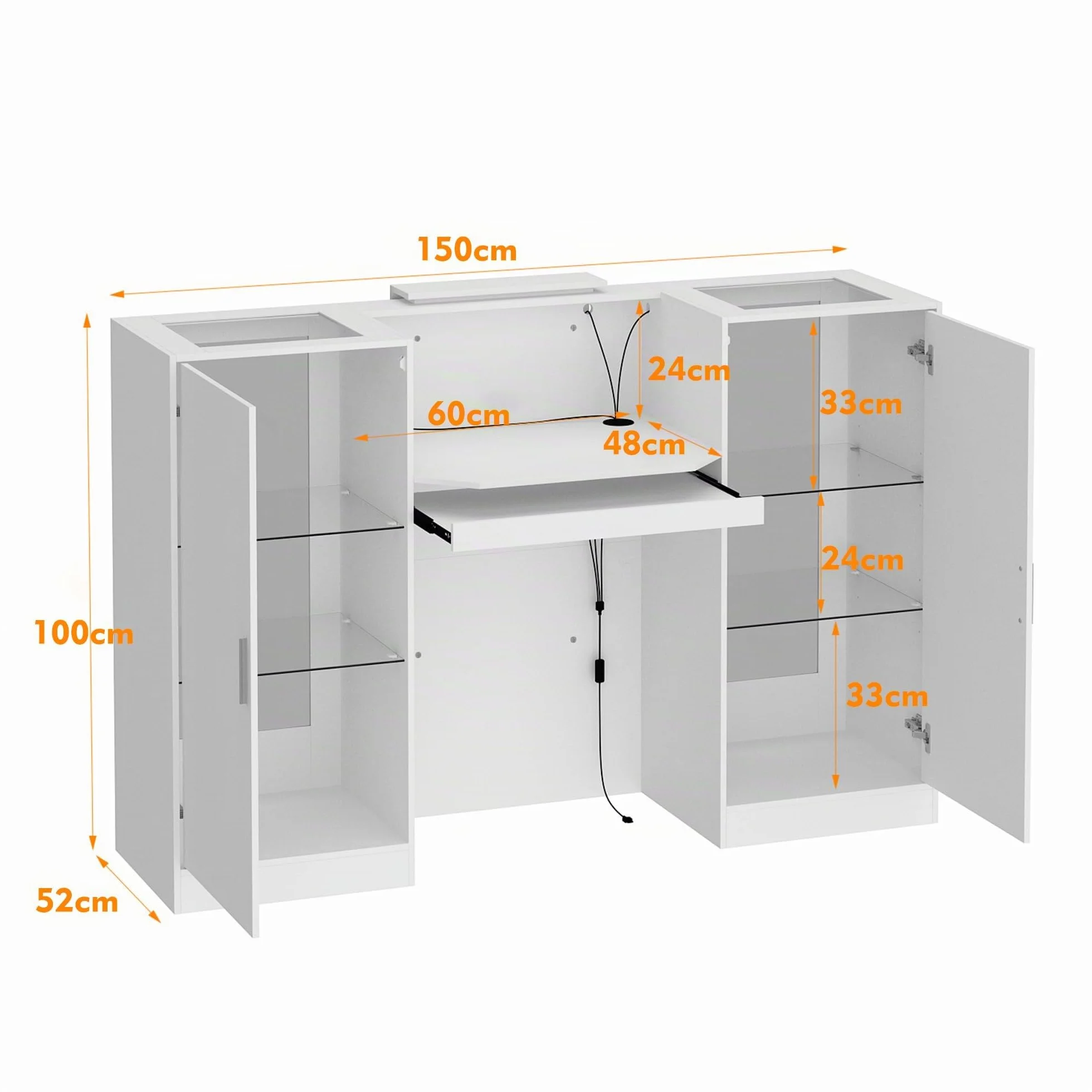 Bancone da reception bianco, tavolo da ricevimento con barra luminosa, bancone per reception, bancone ricezione, tavolo per reception, bancone ricezione con 2 armadietti e 1 vassoio scorrevole
