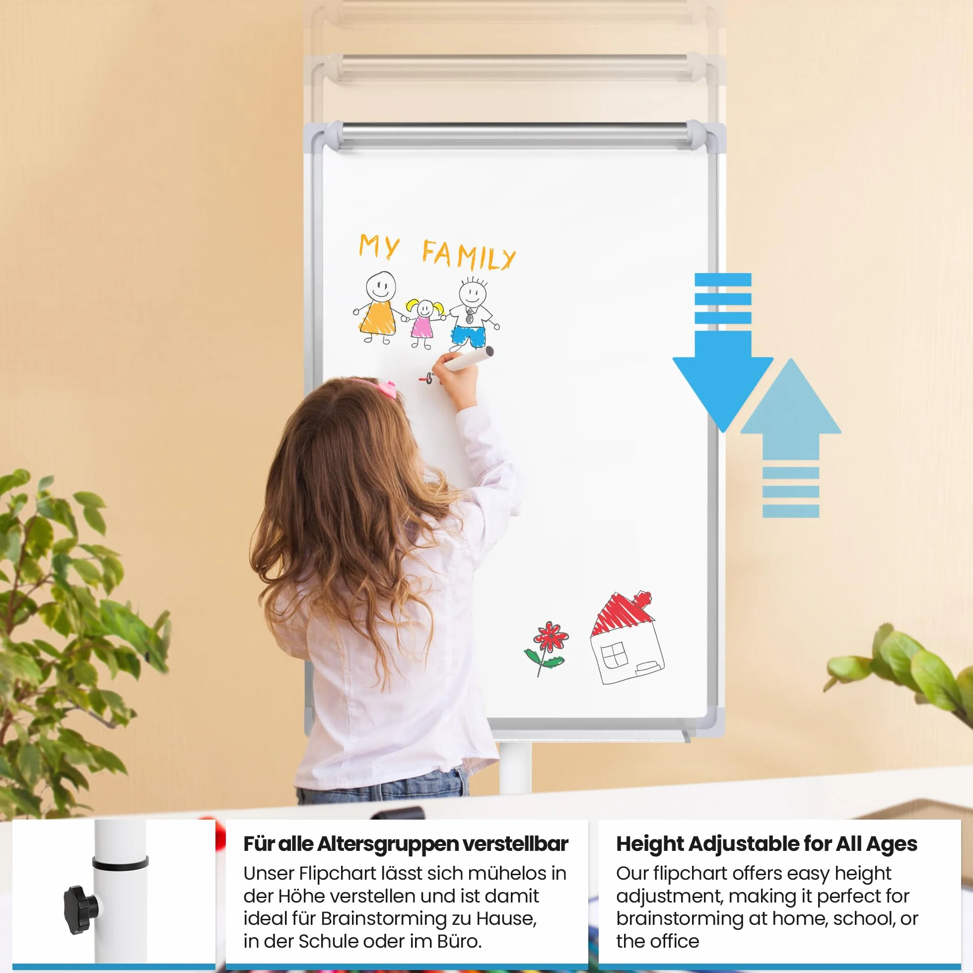 Jago® Lavagna a Fogli Mobili - con Ruote, Base Rotonda, 60 x 90 cm, Altezza Regolabile, 2 Bracci Estensibili, con Magneti, 25 Fogli, Spugna - Lavagna Portablocco, Flipchart, Bacheca Magnetica