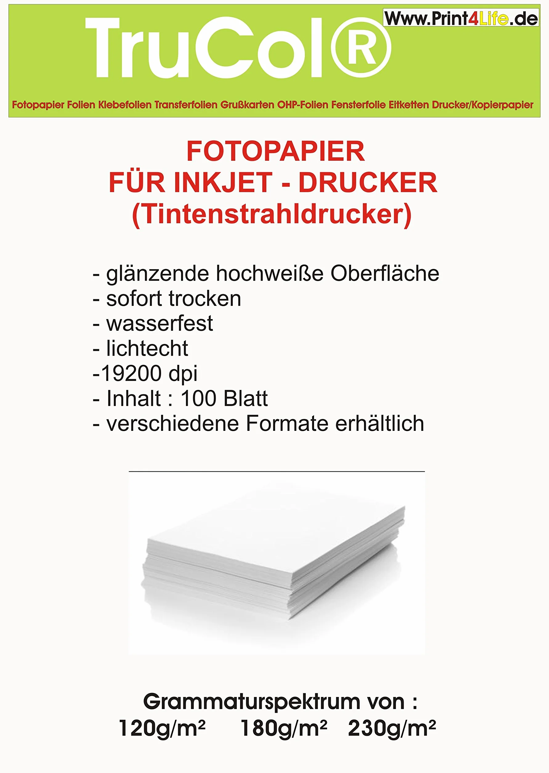 1000 fogli di carta fotografica formato A4 Photo Paper 120g / m² High Gloss 9600 DPI