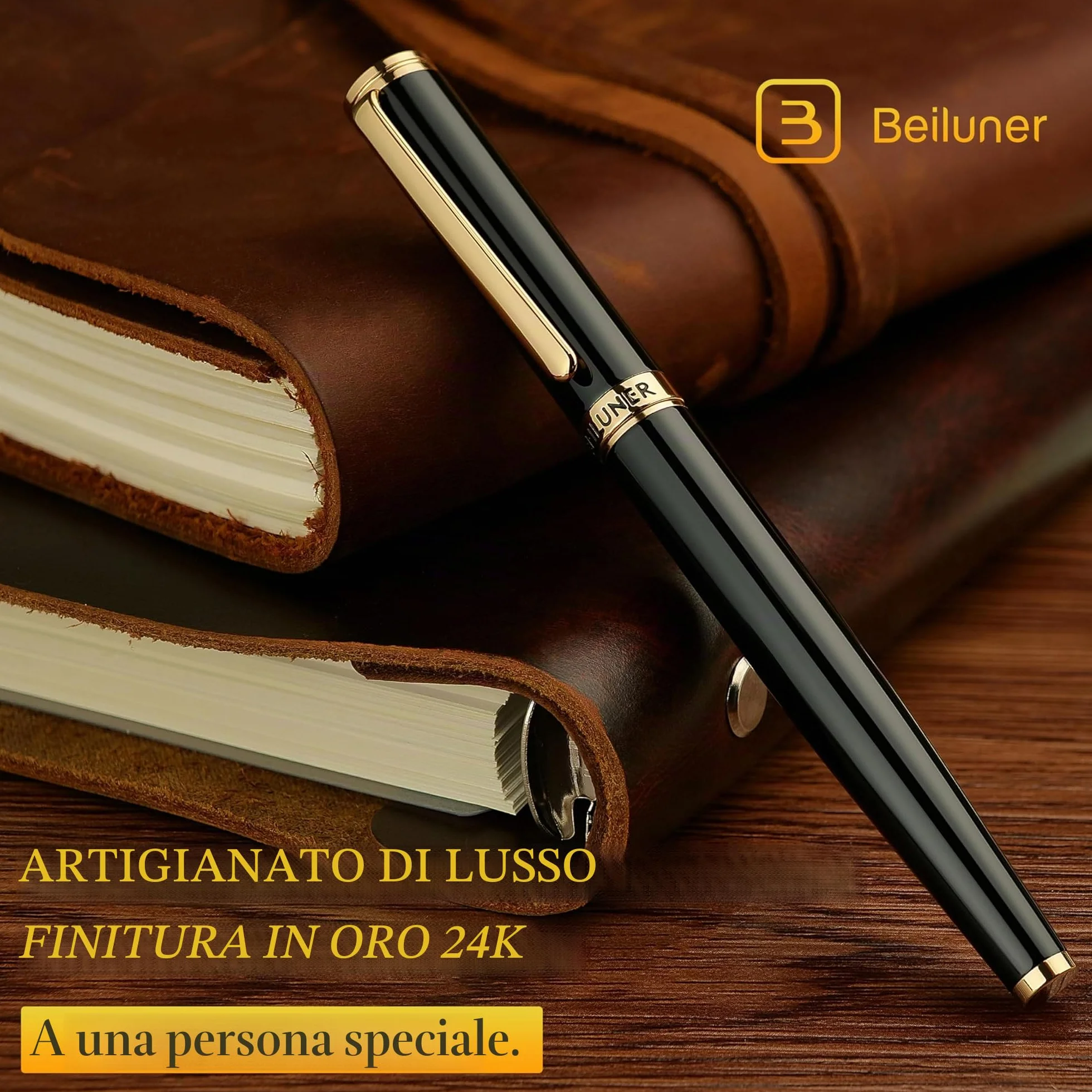 BEILUNER Penna Stilografica di Lusso, Finitura Laccata con Fregi e Pennino Dorati 24K, Regalo Affidabile con Convertitore per Lui e Lei, Penna Elegante - Nero & Oro, Pennino Fine