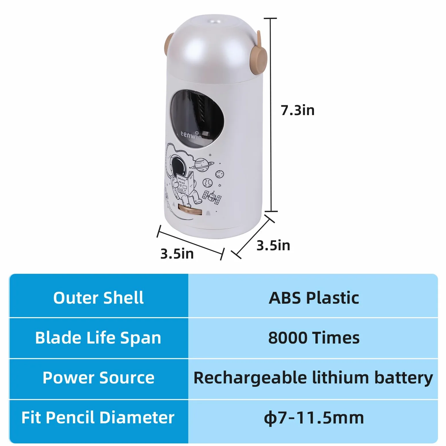 Tenwin - Temperamatite elettrico ricaricabile, completamente automatico per matite da 7 a 11,5 mm, temperamatite a mani libere per matite colorate, ingresso e uscita automatica, punte regolabili