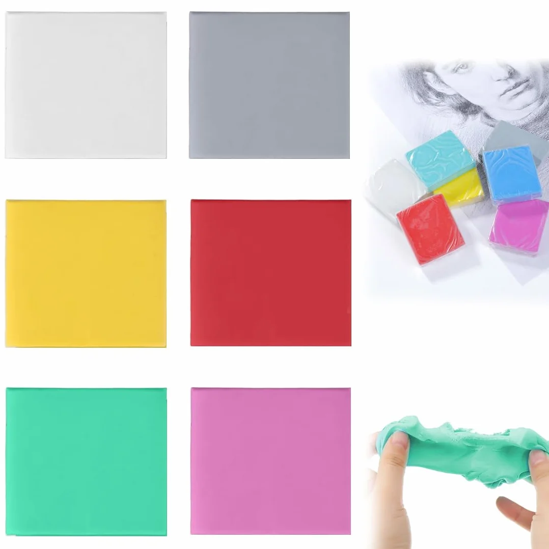 Gomma Pane 6 Pezzi Colorate Morbide Senza Polvere Riutilizzabili Modellabili 4x3,5x1 cm Viola Rosso Giallo Bianco Verde Grigio