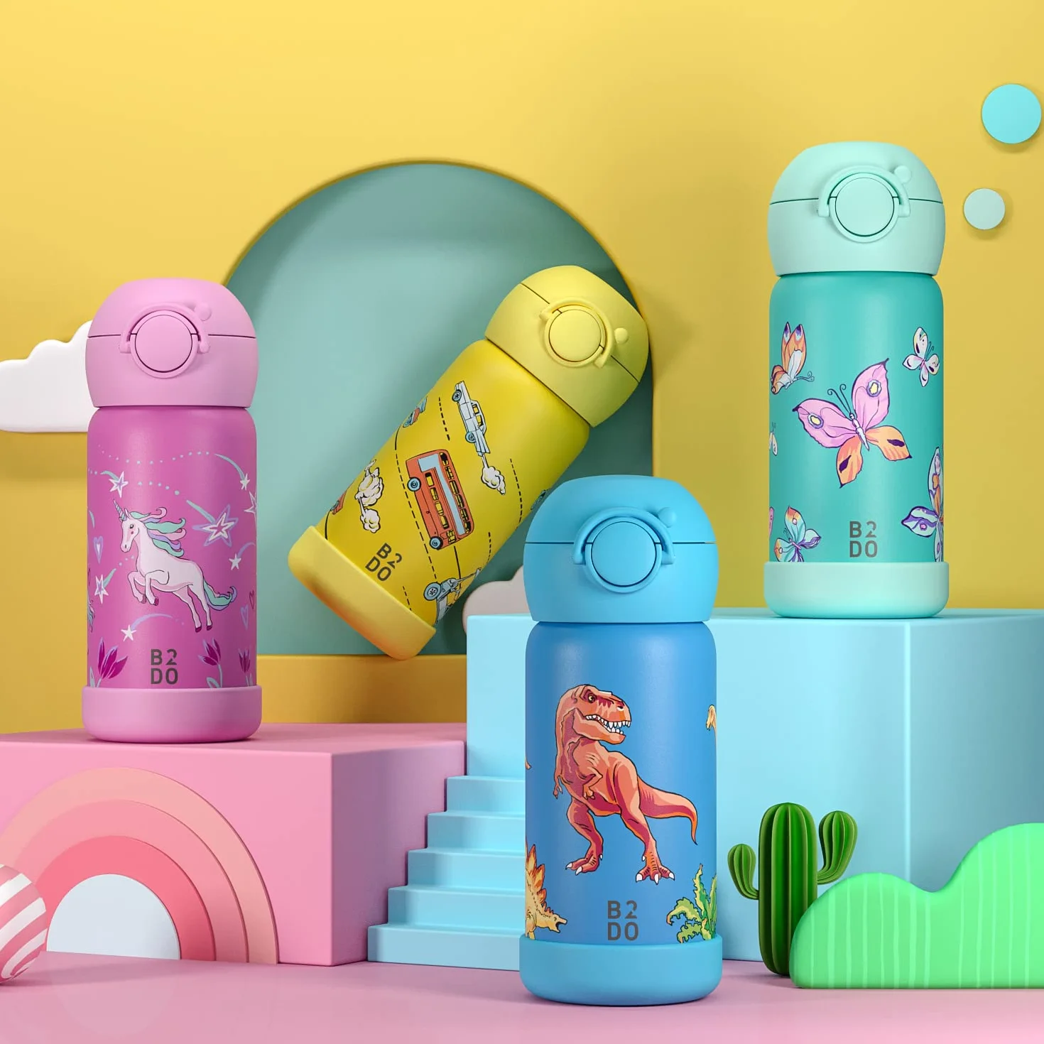 Borraccia Acciaio 316 Inox Doppia Parete 350ml Unicorno Rosa Bottiglia Termica per Bambini Isolata