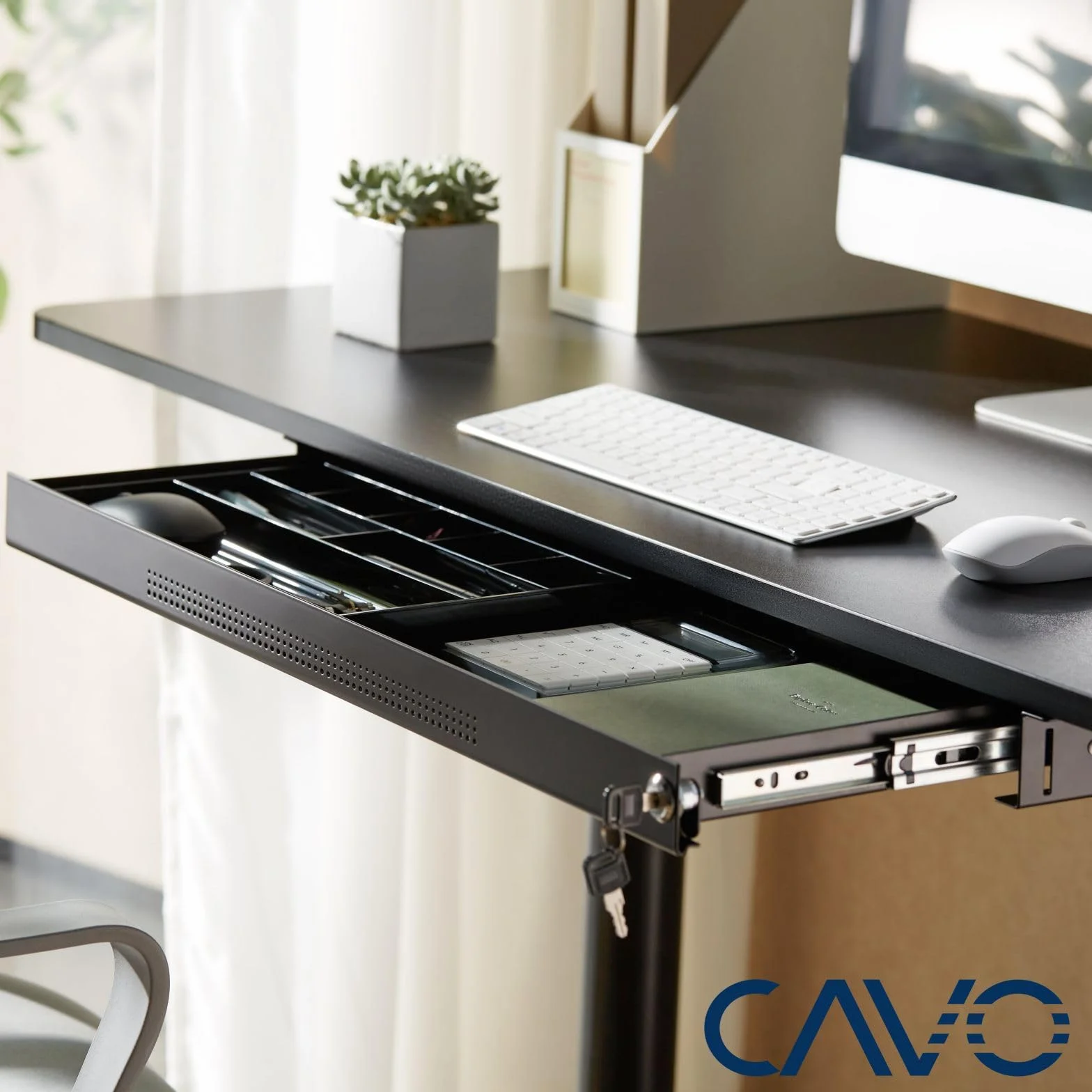 CAVO Cassetto portadocumenti, con serratura, acciaio 740 x 250 mm, incl. | inserto per nero, da tavolo sottopiano