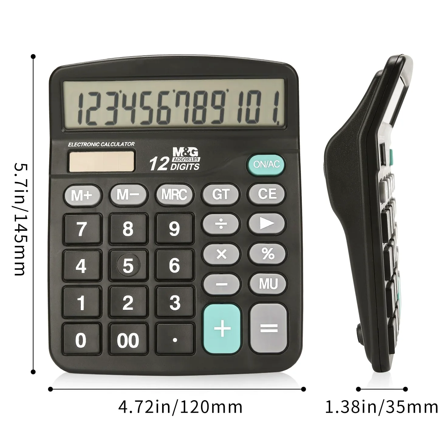 M&G Calcolatrice da scrivania a 12 cifre, con ampio display LCD, doppia energia solare e batteria, calcolatrice da incasso con pulsanti grandi per ufficio, casa, scuola (nero)
