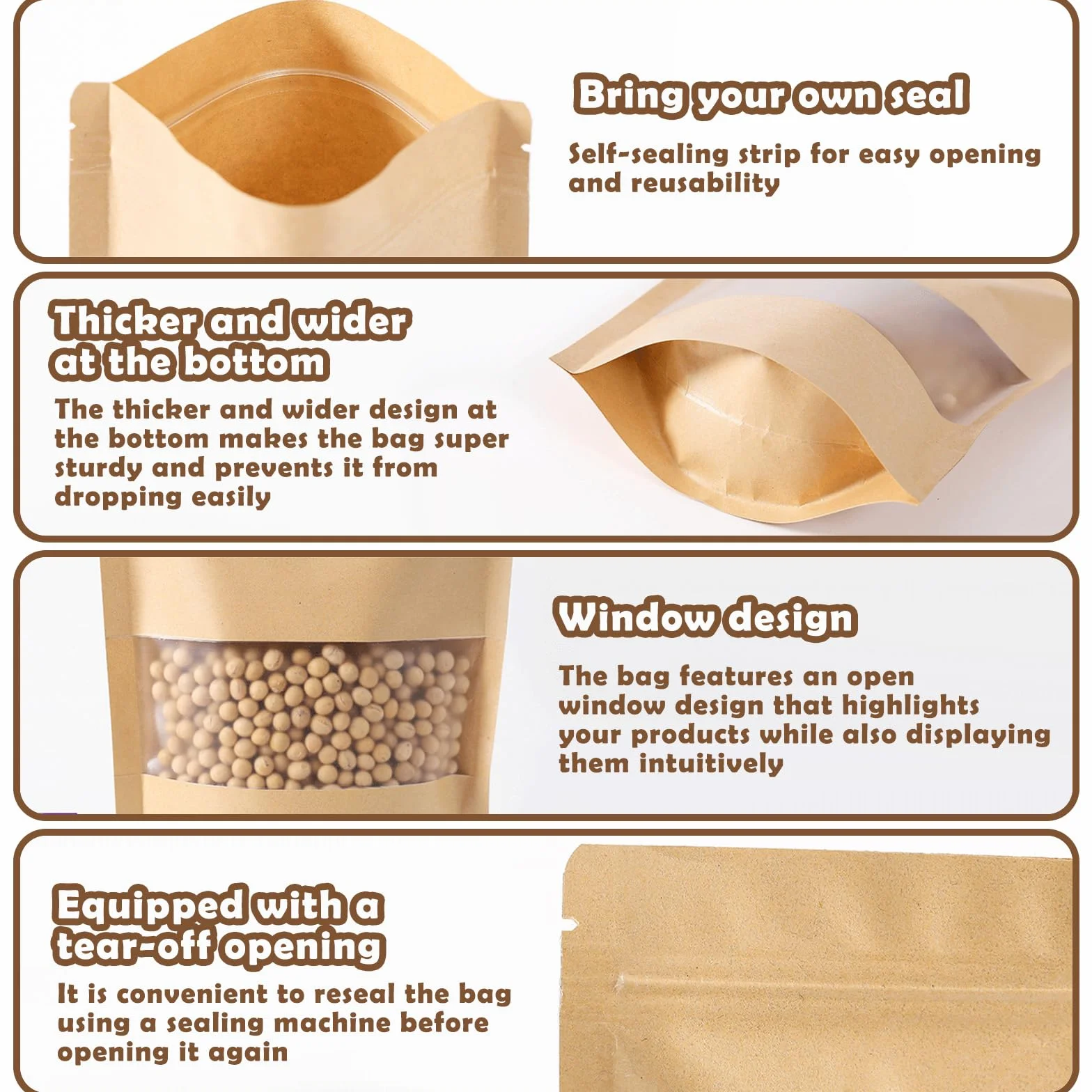 Sacchetti Carta Kraft Alimentare con Finestra e Chiusura 14x20cm Marrone 100 Pezzi