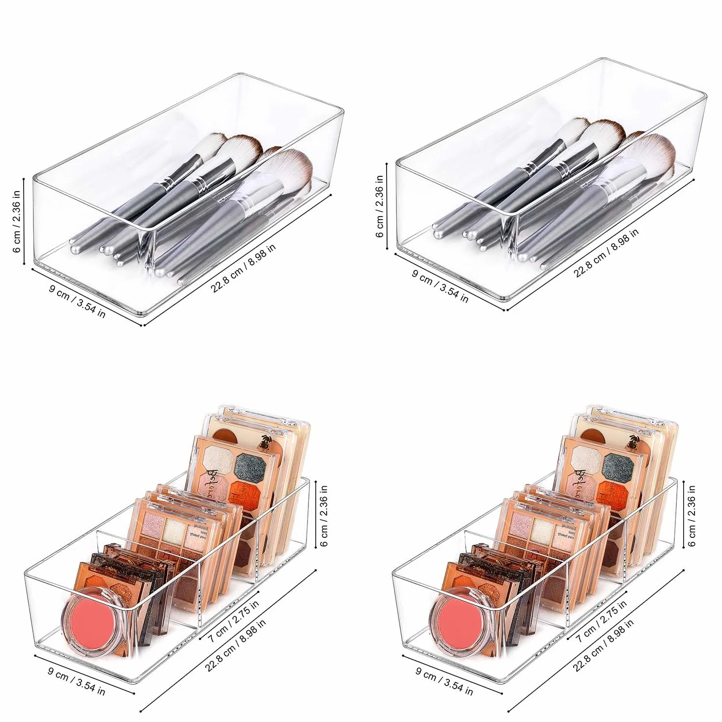 JessLab Set da 4 Organizer per Cassetto in Acrilico, Scatole Trasparenti per Trucco, Gioielli e Forniture da Ufficio, Impilabili per Vanità, Bagno, 2 a 1 Scomparto & 2 a 3 Scomparti