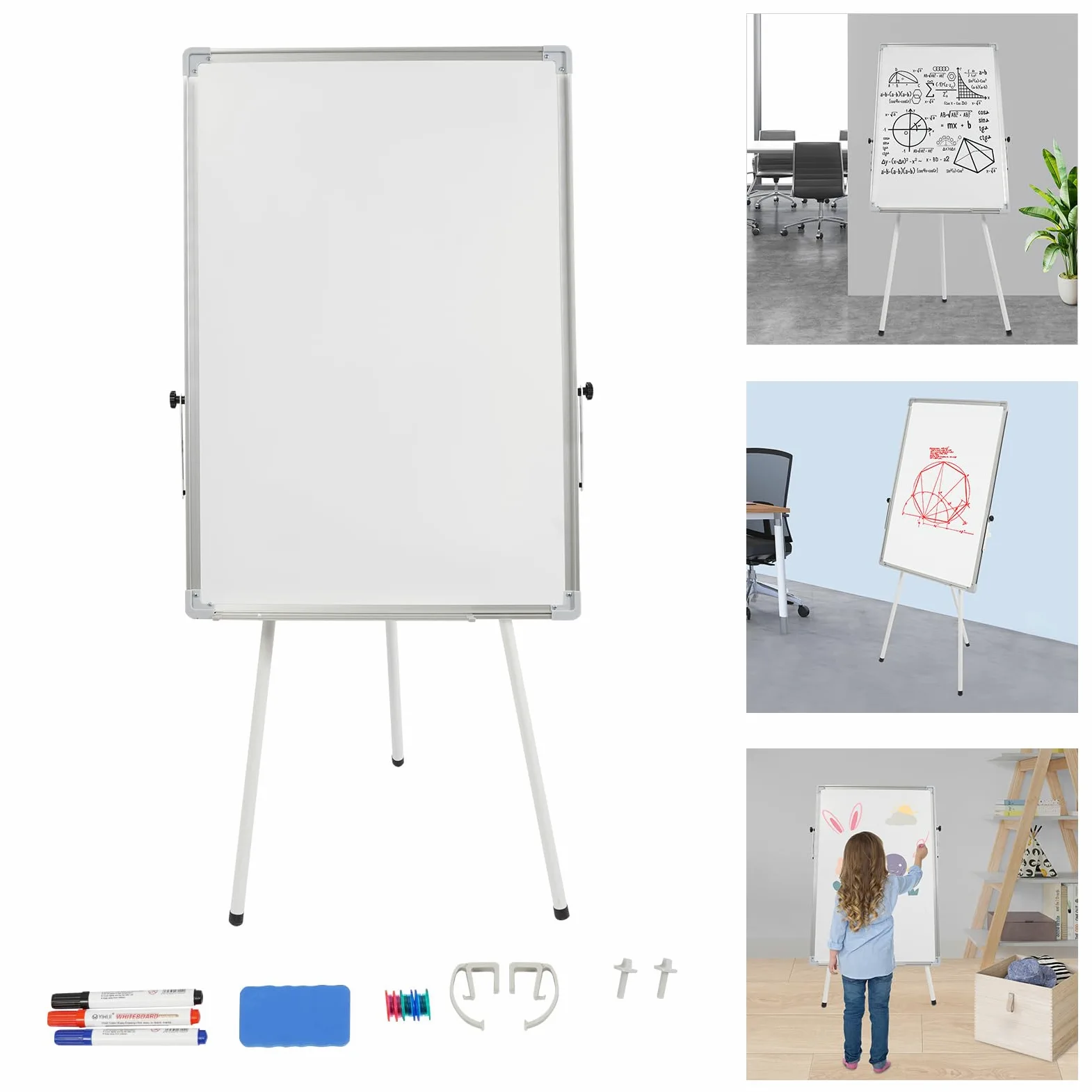 Lavagna bianca con supporto, 61 x 92 cm, magnetica, portatile, lavabile a secco, regolabile in altezza, con 3 penne, 1 gomma, 6 magneti autoadesivi
