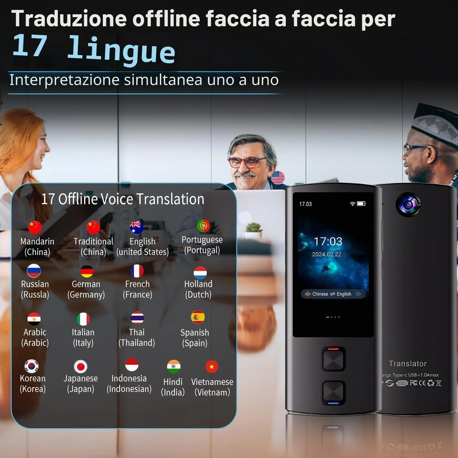 Dispositivo traduttore linguistico, traduttore vocale AI bidirezionale per traduzione vocale/testo/offline/foto, 138 lingue online con touchscreen da 3 pollici per viaggi di apprendimento