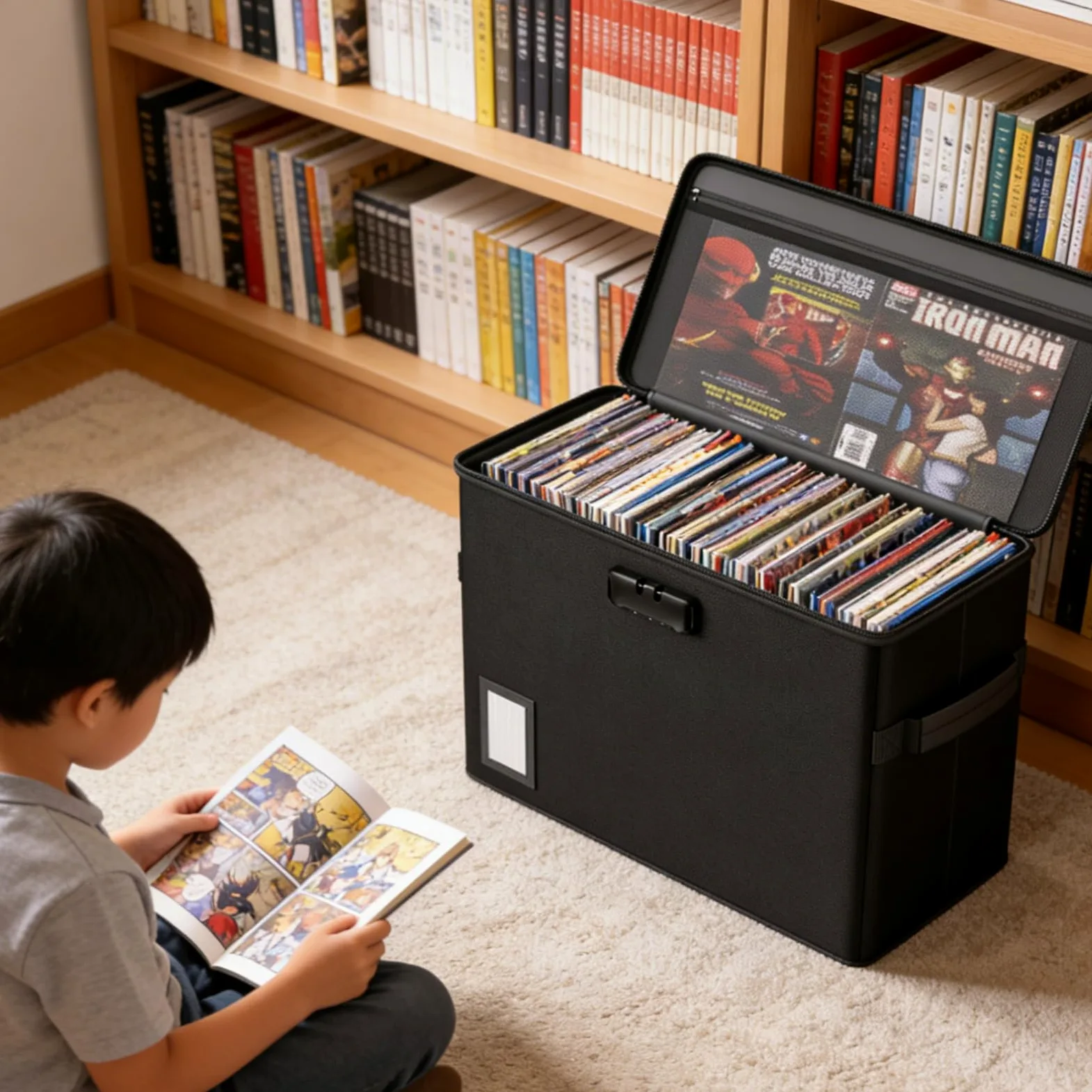 ENGPOW Scatola portadocumenti ignifuga, 39,5 x 29 x 20 cm | Scatola per libri con coperchio e serratura, pieghevole, contenitore per riviste, fumetti, scuola, casa, ufficio