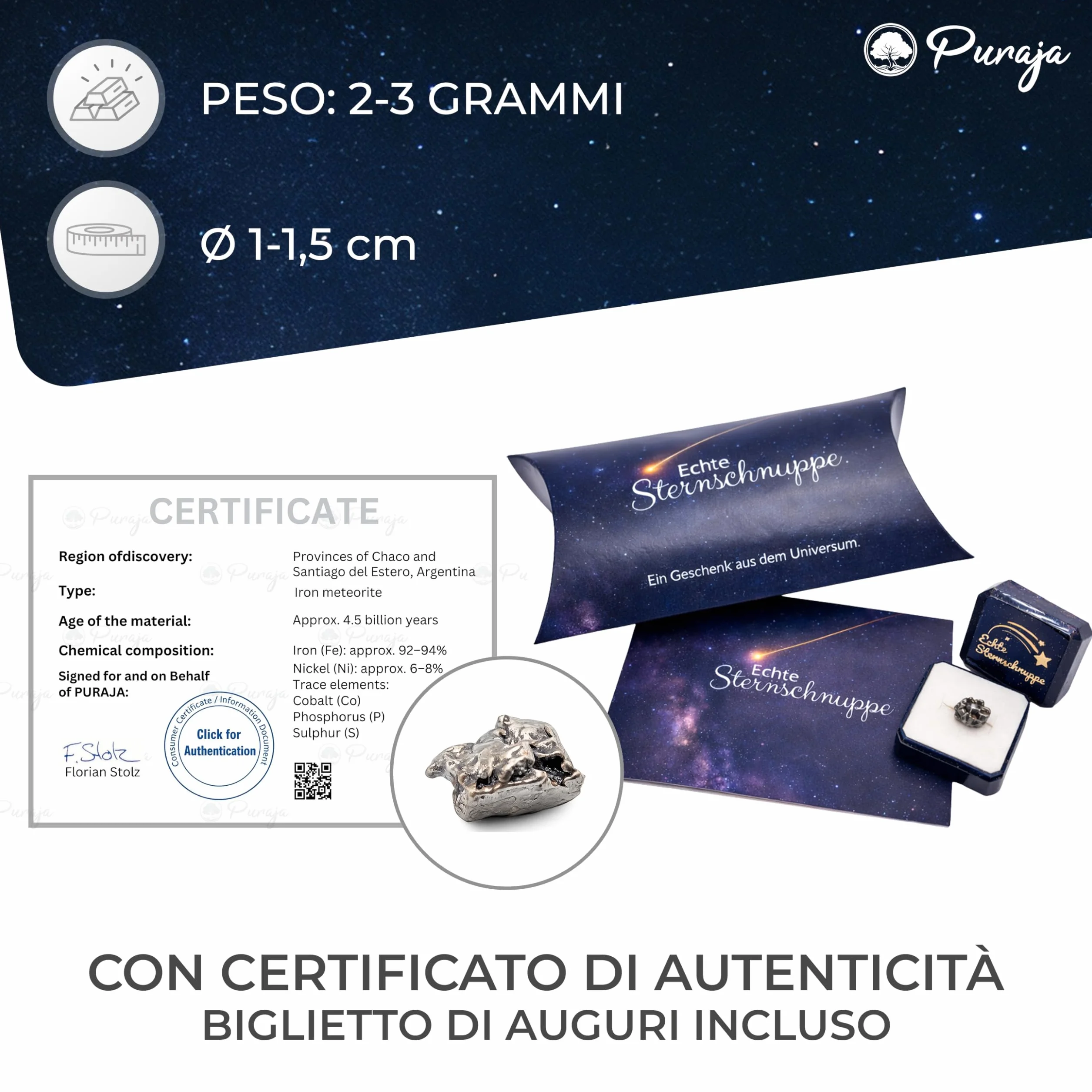 PURAJA Meteorite Vera Stella cadente con Certificato | Regalo per Compleanni, Matrimoni, anniversari | Portafortuna