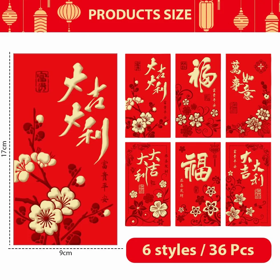 36 Pezzi Rosse per Capodanno Cinese 2026 Portafortuna con Motivo Hong Bao Rilievo