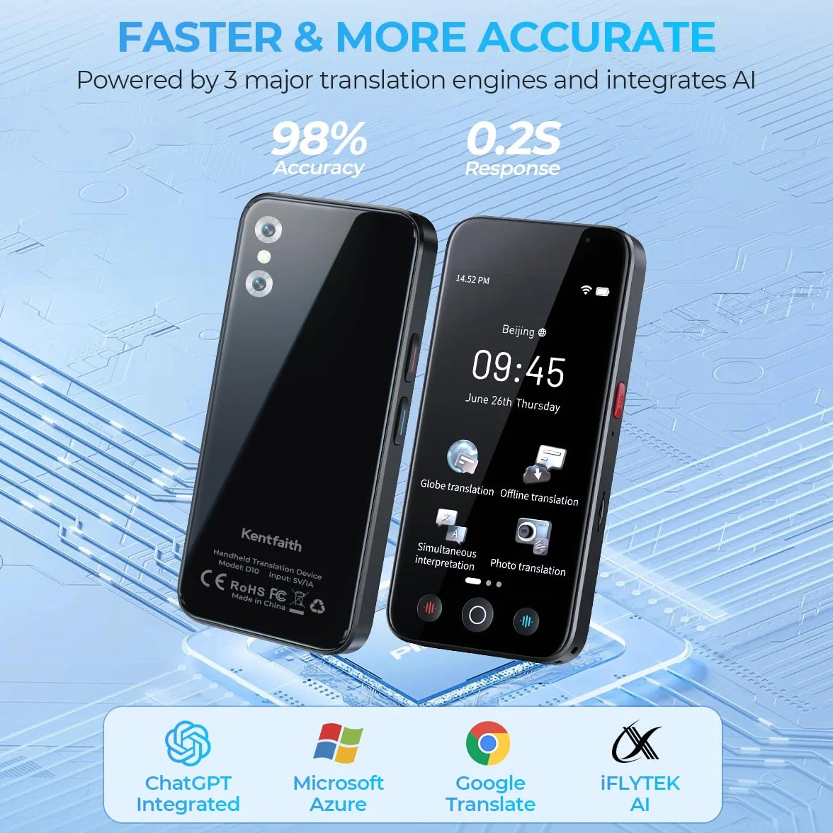 kentfaith Traduttore Vocale AI, 144 Lingue Online / 19 Offline, Traduzione Istantanea 0,2s, 98% Precisione, Touchscreen 5", Fotocamera 8MP, Foto/Testo/Voce, Viaggi/Studio/Affari -128G
