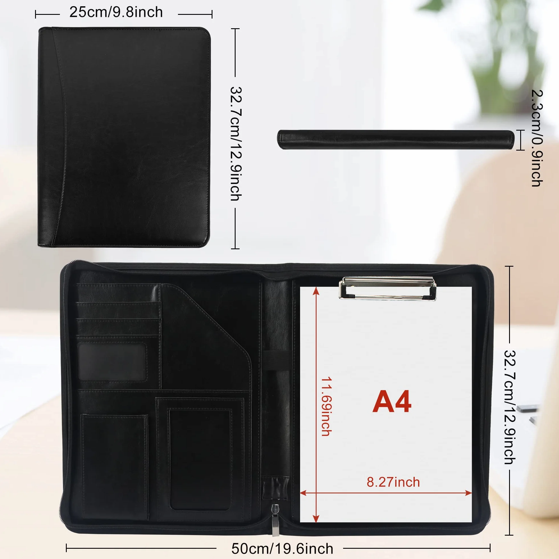 Cartella Portadocumenti con Cerniera A4 Organizer in PU Pelle Nero con Porta Tablet, Telefono e Biglietti da Visita