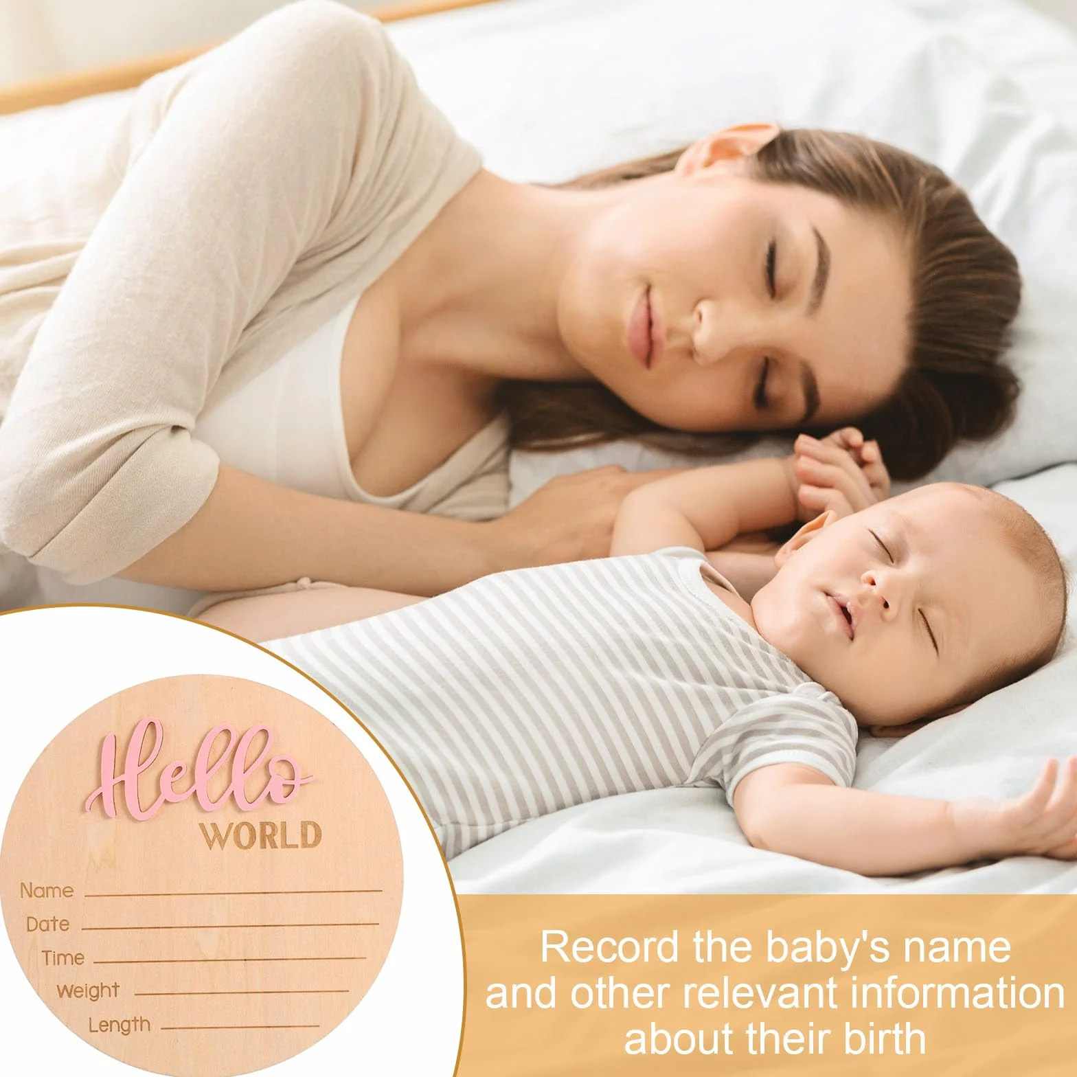 Cartello di Annuncio del Neonato in Legno 15 cm con Scritta Hello World Rosa Chiaro per Baby Shower