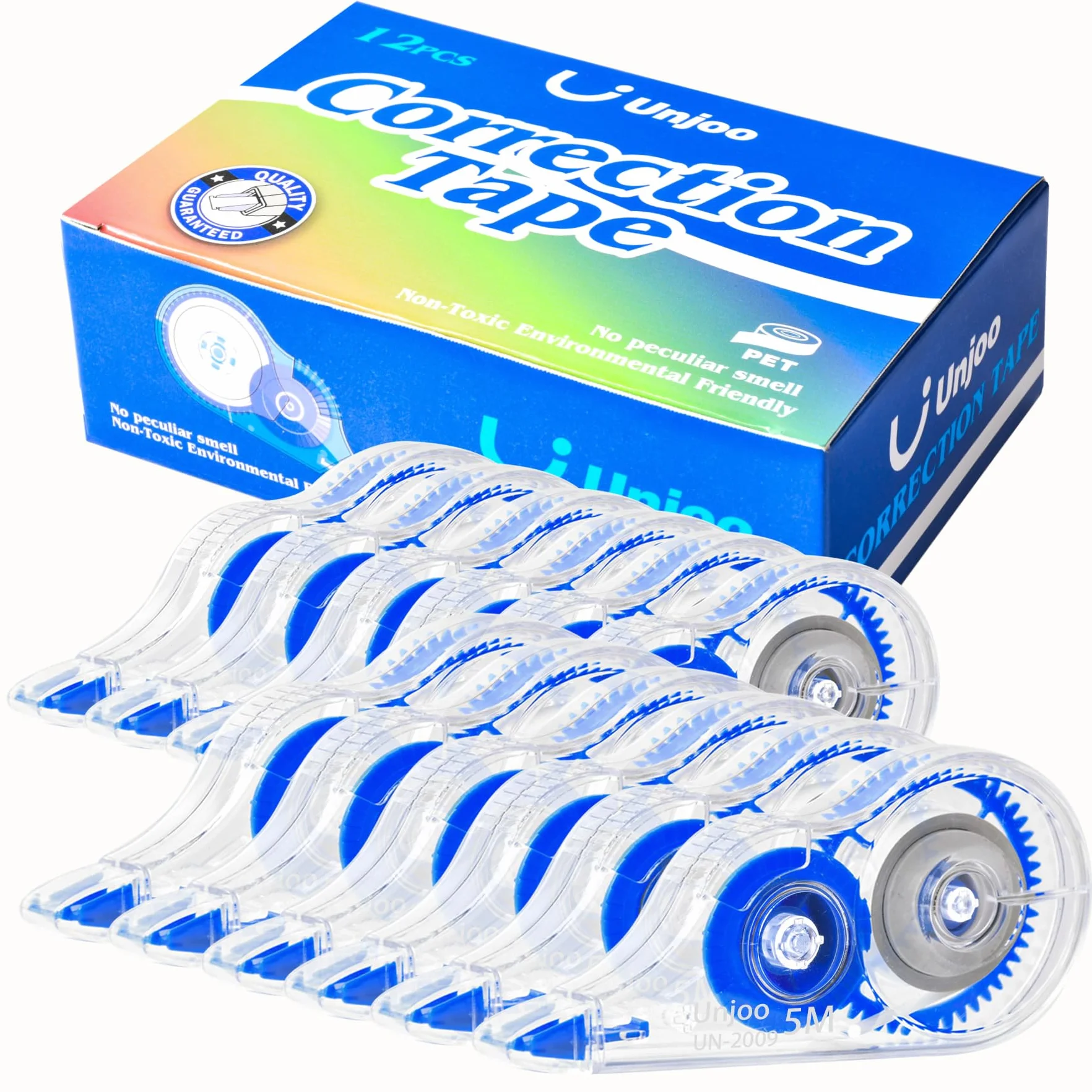 Unjoo Nastro correttore bianco, applicatore facile da usare per correzioni istantanee scrittura errata in qualsiasi momento, per scuola, ufficio (confezione da 12, 5 m, 197,8 x 0,5 cm, blu)