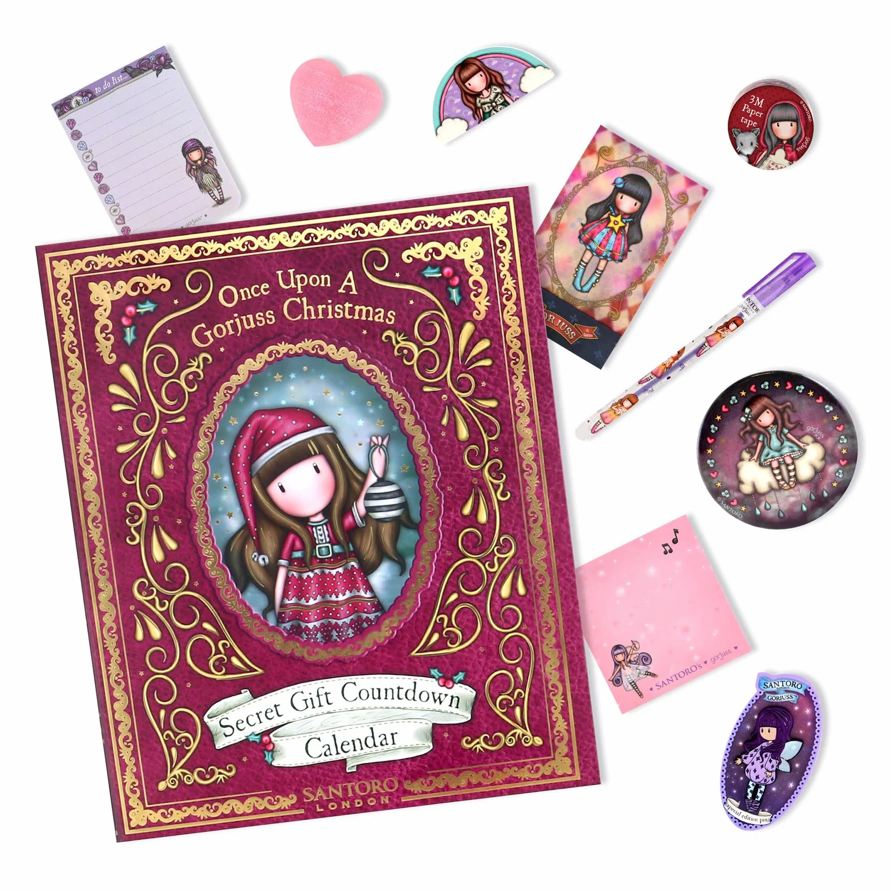SANTORO Gorjuss Calendario dell'Avvento 2023, calendario natalizio con 25 sorprese tra cui quaderni, penne, nastro di carta, cancelleria e spilla smaltata, regalo per ragazze, bambini, allegro e