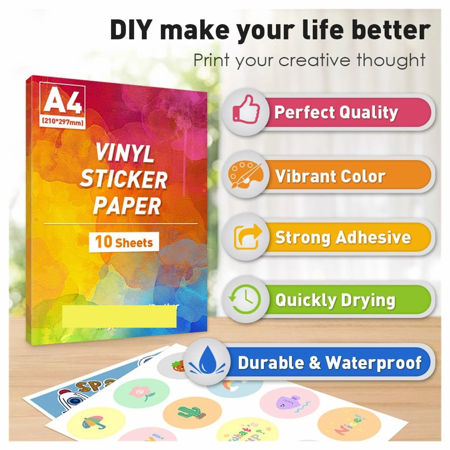 DAVBIR 10/50 fogli di carta A4 carta adesiva in vinile floreale trasparente carta for etichette stampabile carta lucida A4 impermeabile for stampante a getto d'inchiostro perfection (Color : 10 Sheet