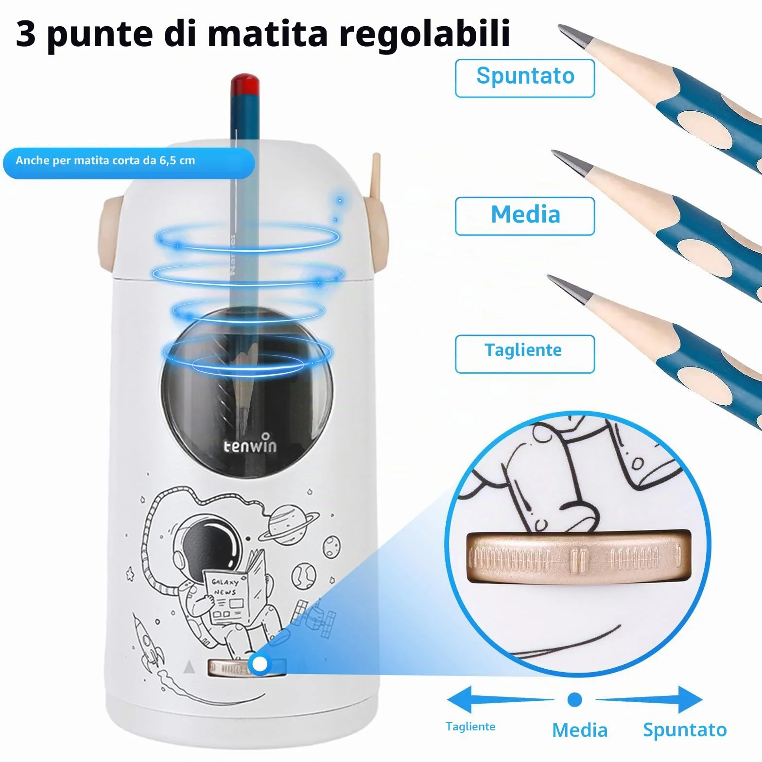 tenwin Temperamatite elettrico completamente automatico, temperamatite ricaricabile con contenitore per matite colorate da 7 a 11,5 mm, portatile e sicuro per casa, ufficio, scuola (argento)