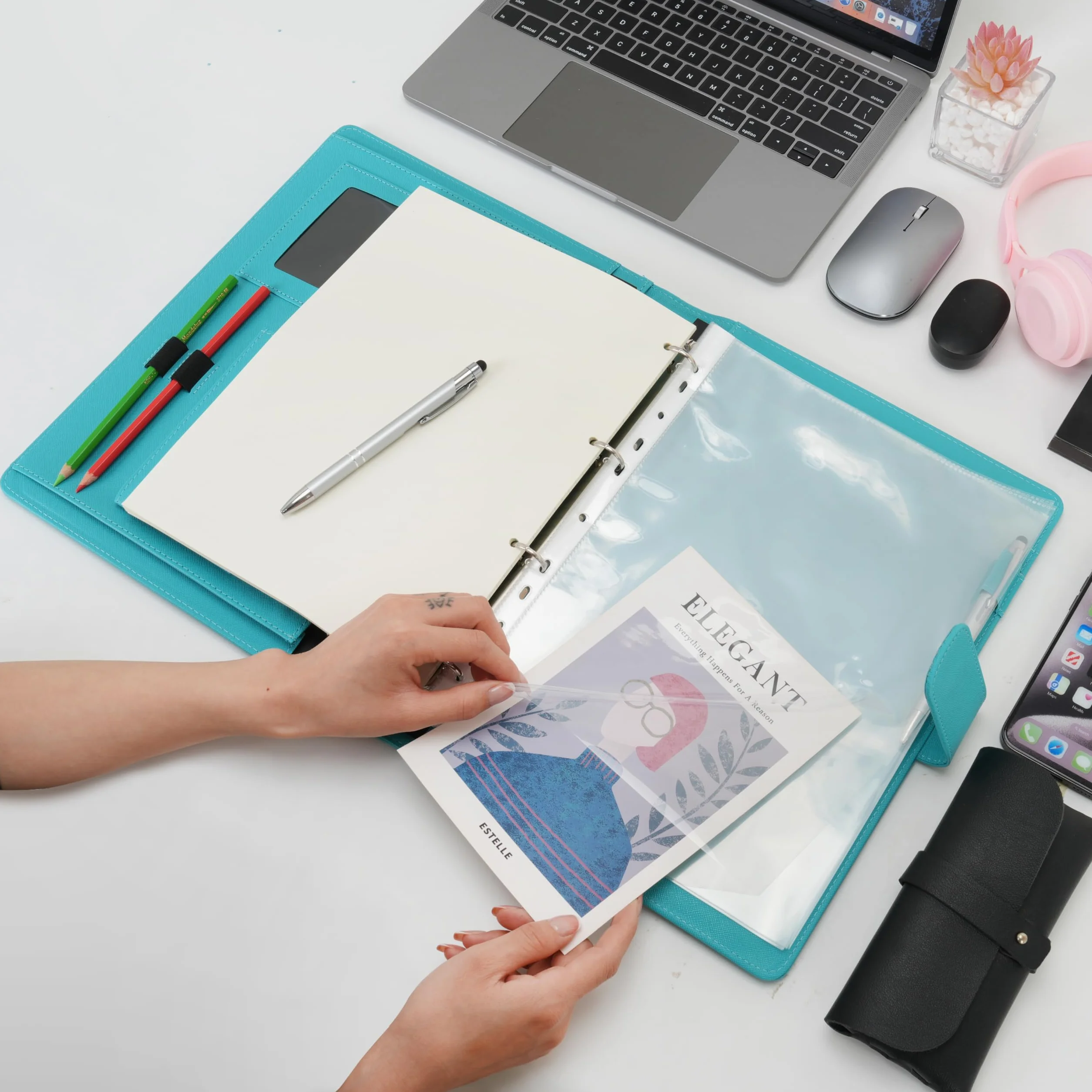 Wonderpool Portadocumenti A4 PU Pelle 4 Anelli Raccoglitore Rimovibile Tasca Funzionale Organizzatore Ufficio Viaggi Scuola Ciano