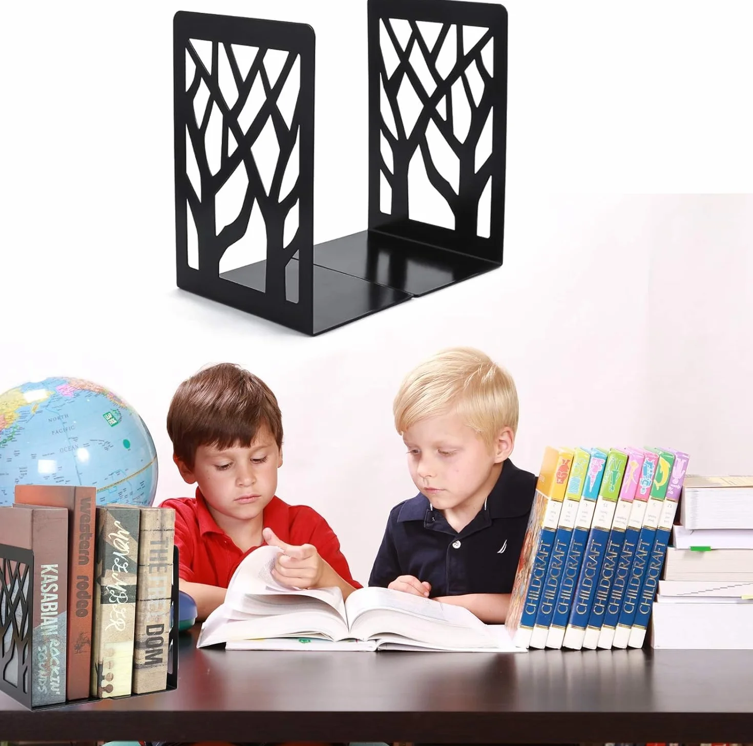 Fermalibri in Metallo per Scaffali, Bookends con Antiscivolo, Bianco