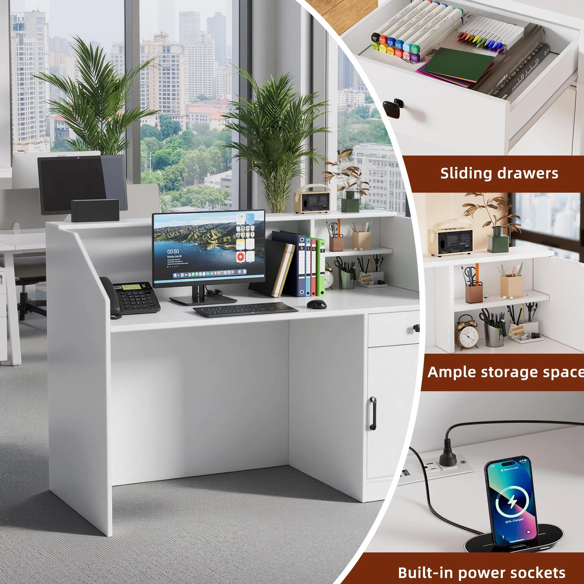MSFE Bancone Reception con LED,Banco Reception con Cassetto,Armadio,Ripiani Aperti e Prese,Bancone Ufficio per Reception per Parrucchiere, Centro Estetico, Negozio, Hotel e Ufficio,140 * 60 * 110CM