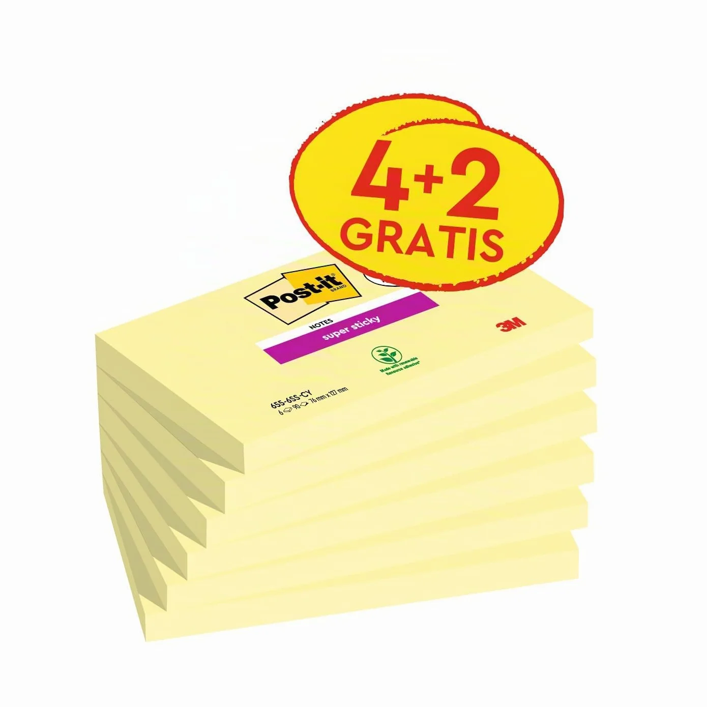 Post-It Foglietti Super Sticky Giallo 76x127mm 90 Fogli 4+2 Blocchetti