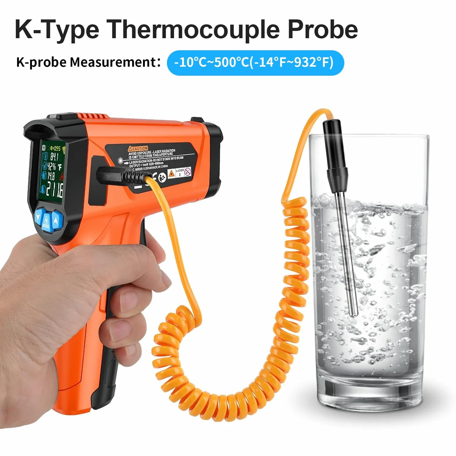 MESTEK Termometro a Infrarossi -50°C~800°C Digitale Laser Pirometro con K-Probe Senza Contatto LCD a Colori