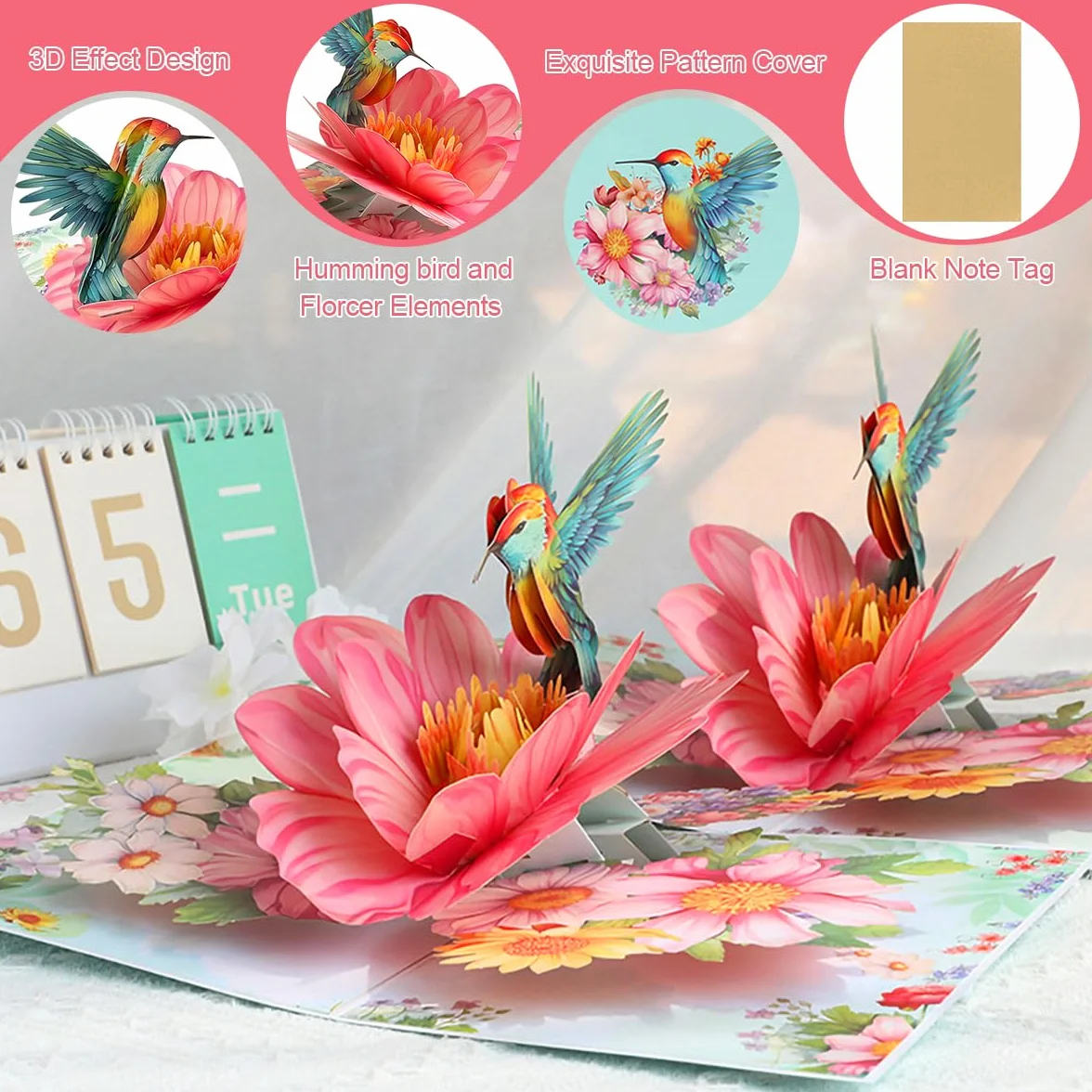 Biglietti di compleanno 3D con colibrì e fiori per mamma, fidanzata e ragazze