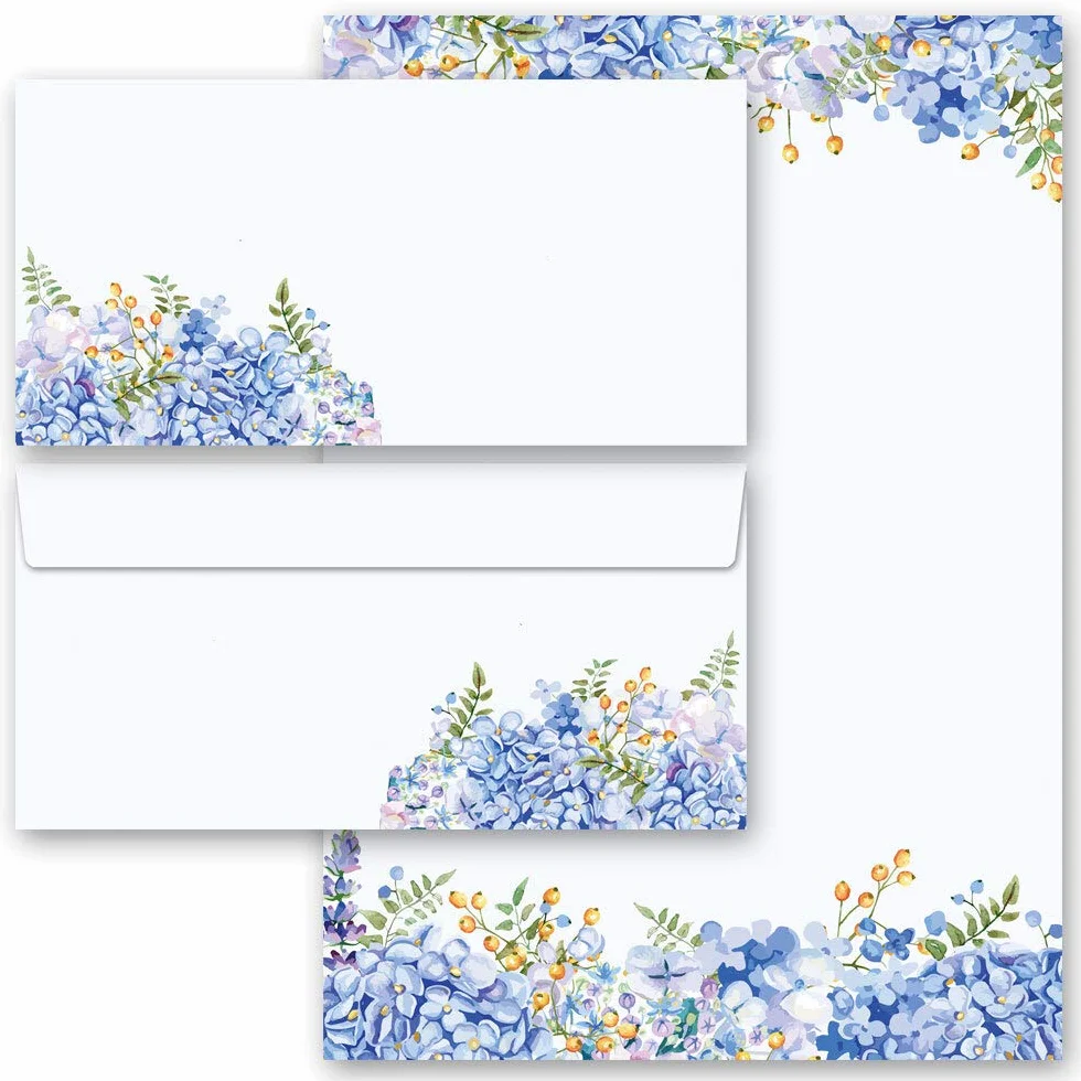 Paper-Media Motivo set di cancelleria Fiori & Petali ORTENSIE BLU 10 fogli 10 buste DIN LANG