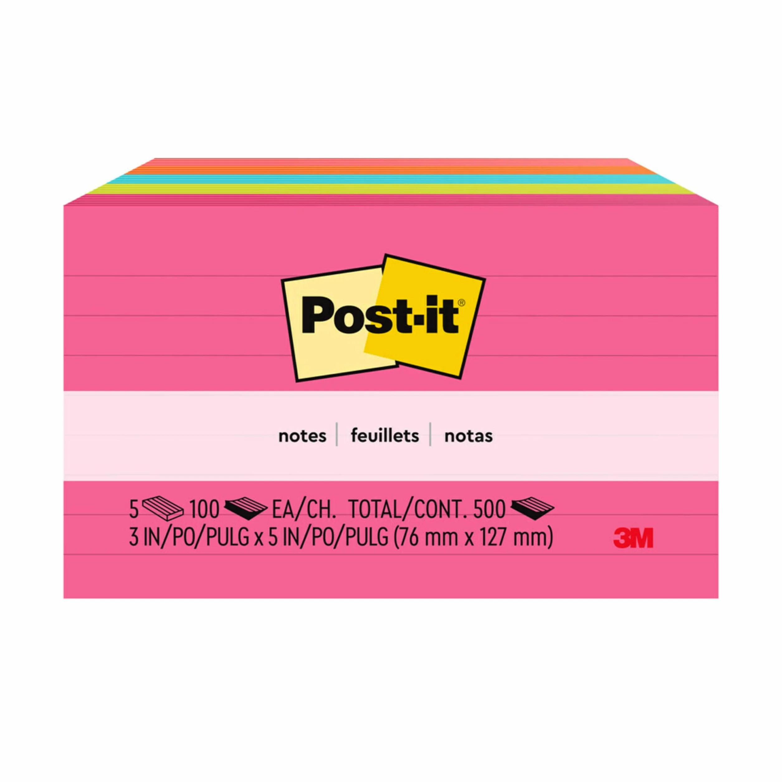 Post-It Colori Assortiti a Righe 76 mm x 127 mm 100 Fogli 5 Blocchetti